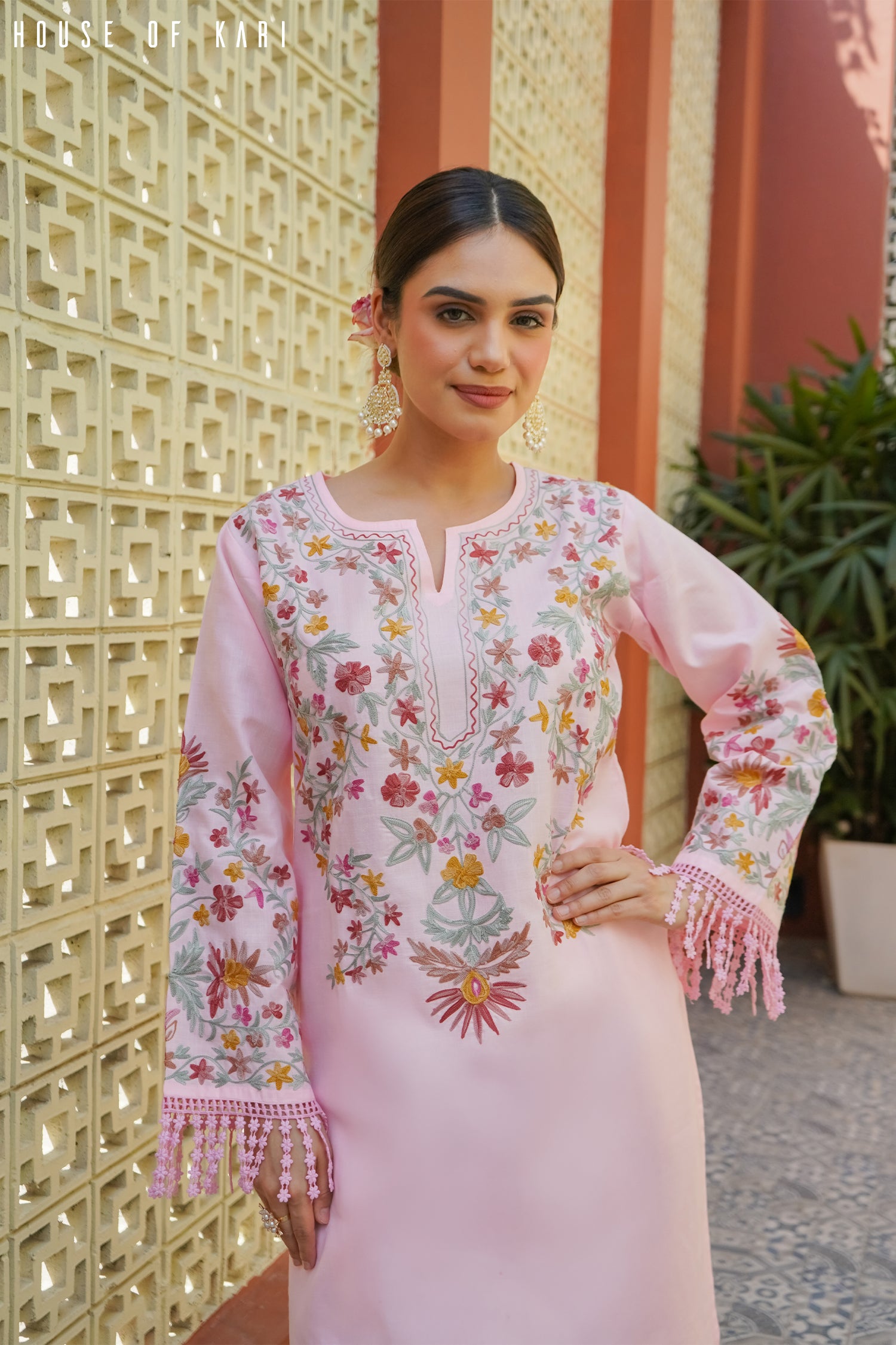 Kashmiri Aari Work Cotton Long Kurta – Pink
