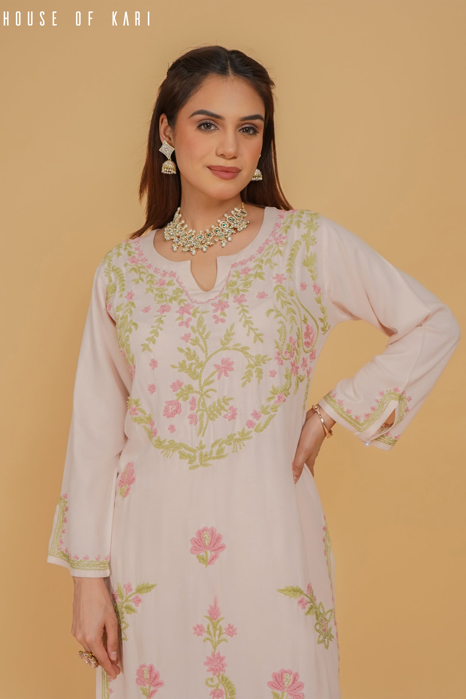 Chikankari Kurta Set In Rayon - Beige