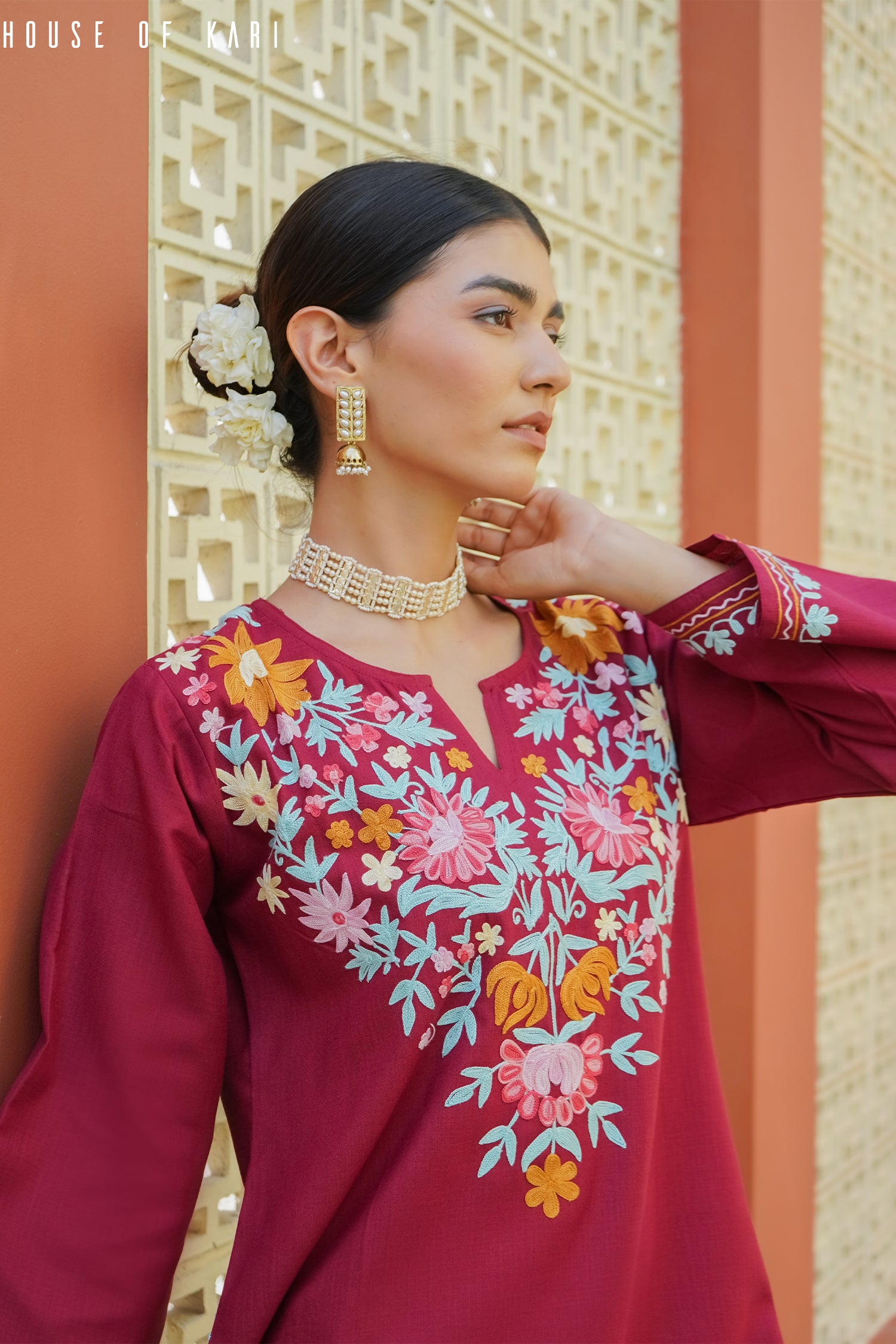 Kashmiri Aari Work Cotton Short Kurta – Maroon