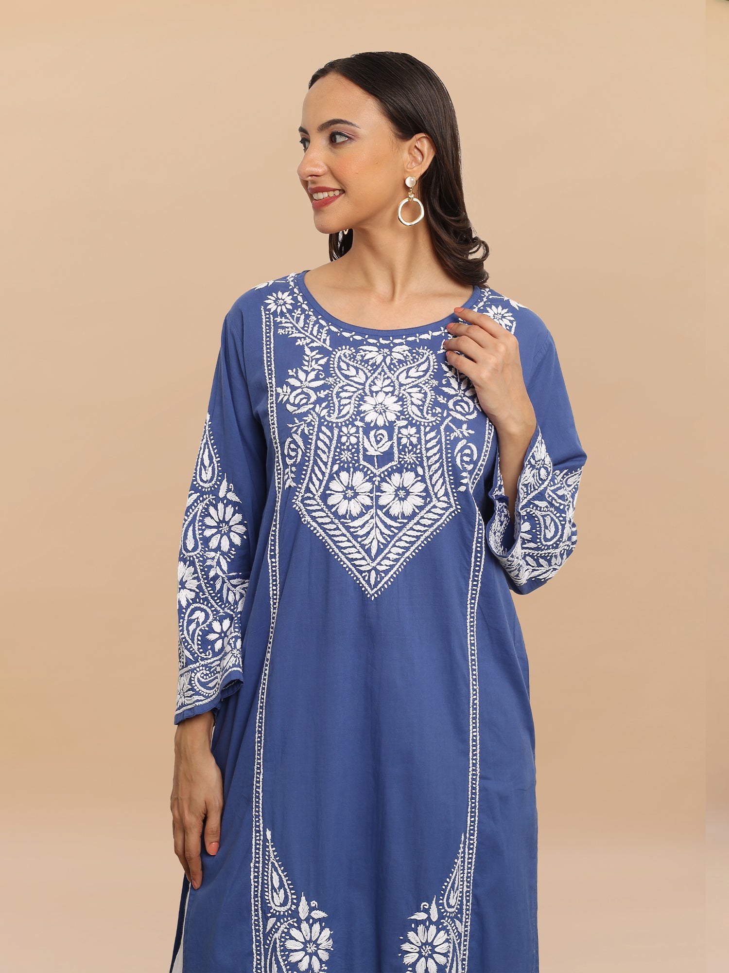 Saba Chikankari Long Kurti in Cambric Cotton - Blue