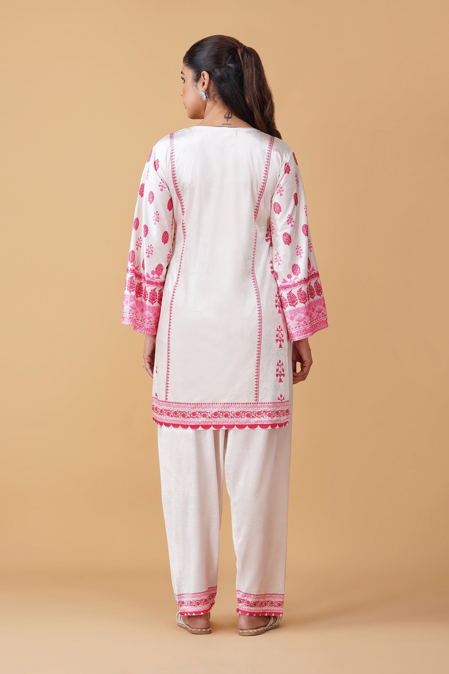 Velvet Printkari Coord Set with Straight Bottoms – Ivory & Pink