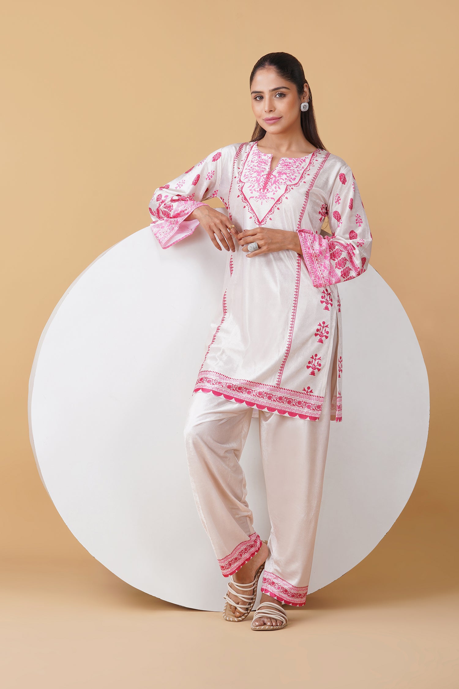 Velvet Printkari Coord Set with Straight Bottoms – Ivory & Pink