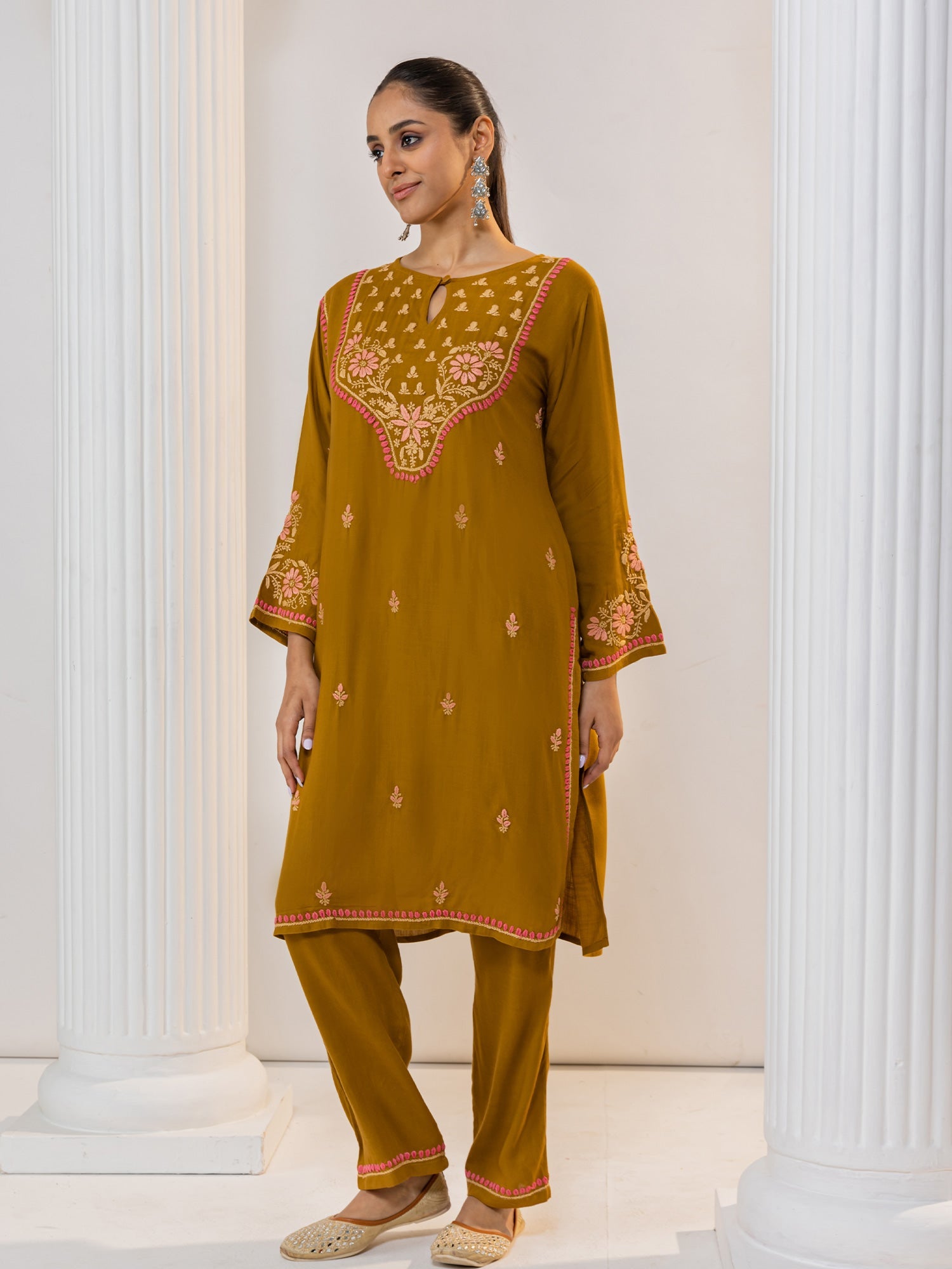 Saba Chikankari Notch Neck Cotton Silk Kurta Set for Women - Mustard