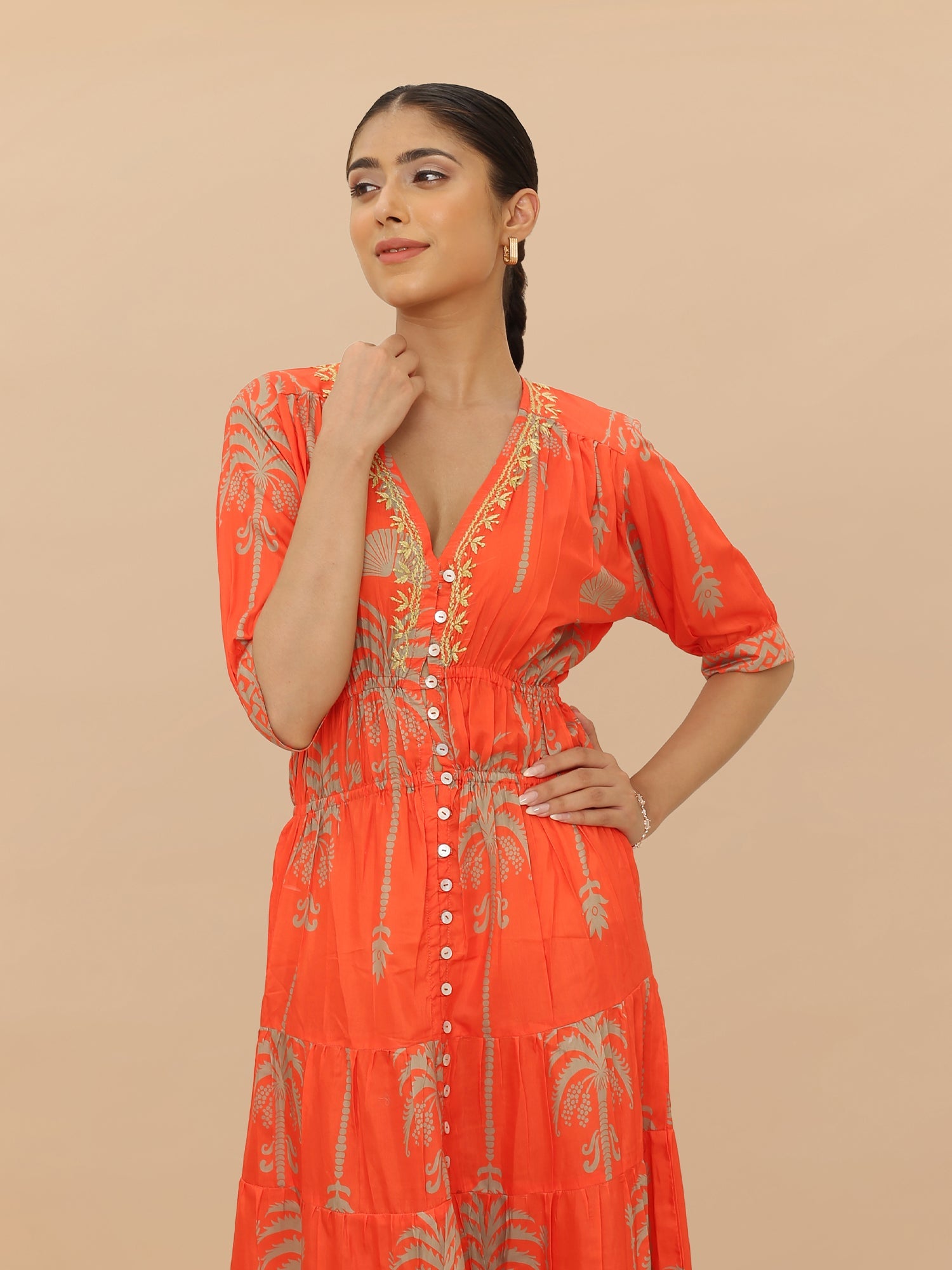 Saba Chikanakri Dress in Printed Poly Muslin - Orange