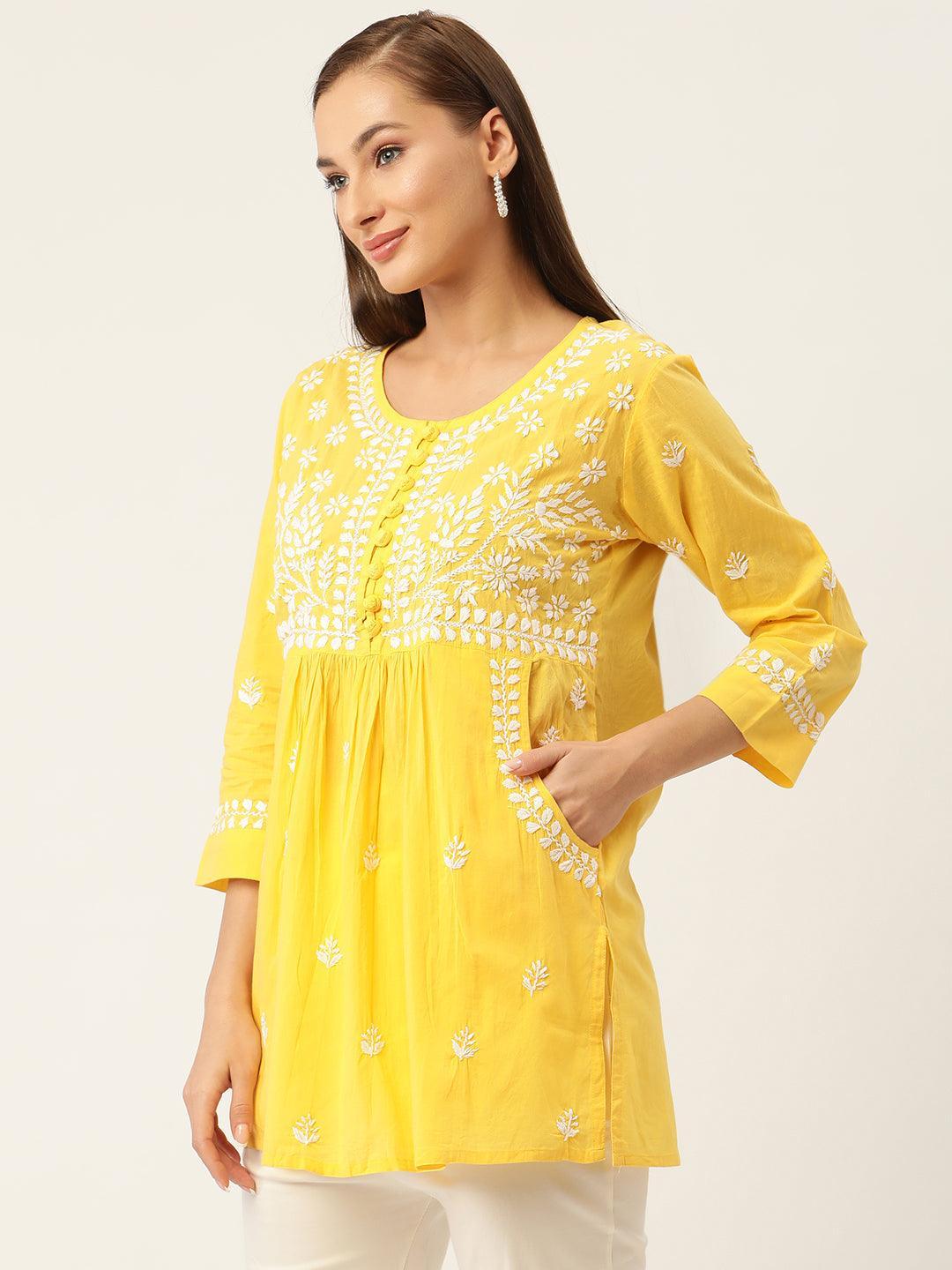 Hand Embroidery Chikankari Tunic for Women - Yellow - House Of Kari (Chikankari Clothing)