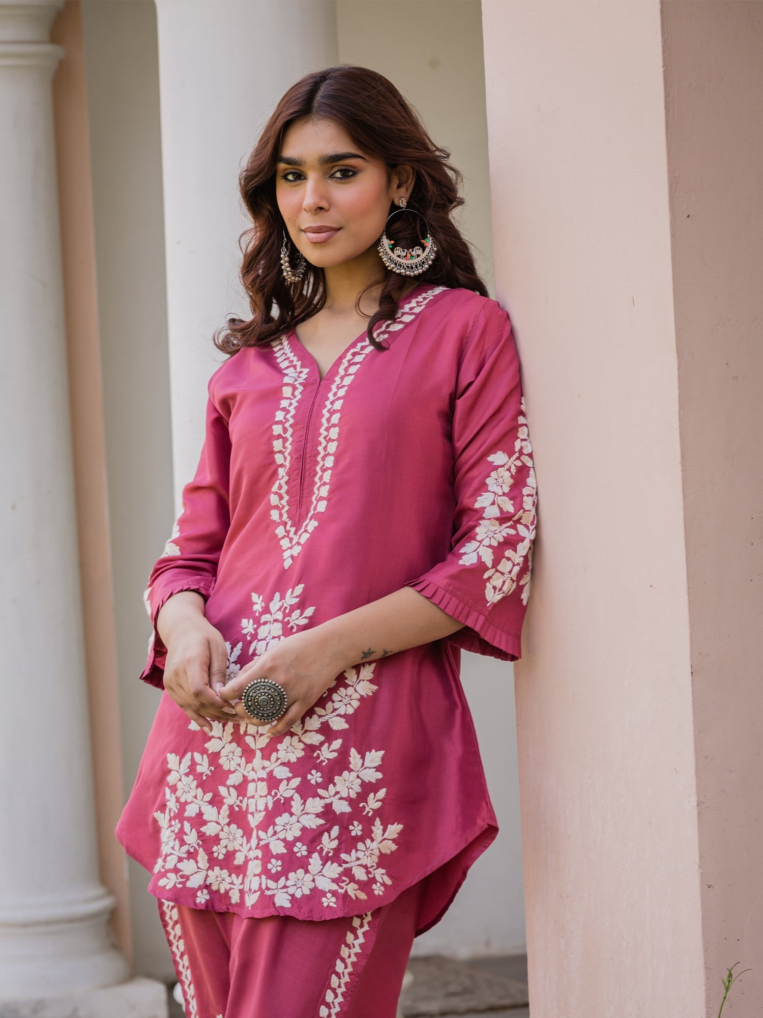 Noor in Saba Chikankari Kurta Set in Habutai Silk - Pink