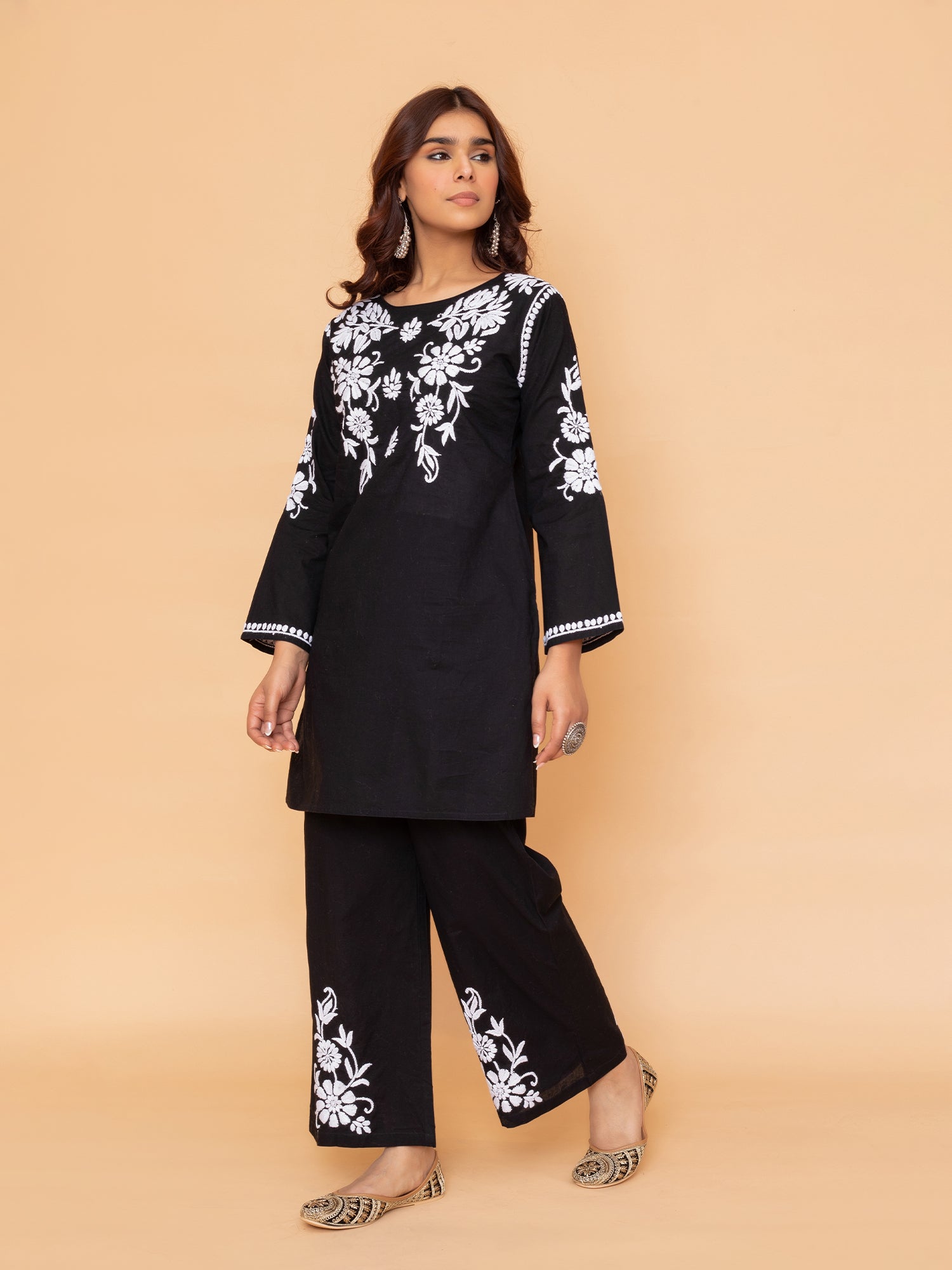 Saba Chikankari Co-ord Set in Cotton Cambric - Black With White