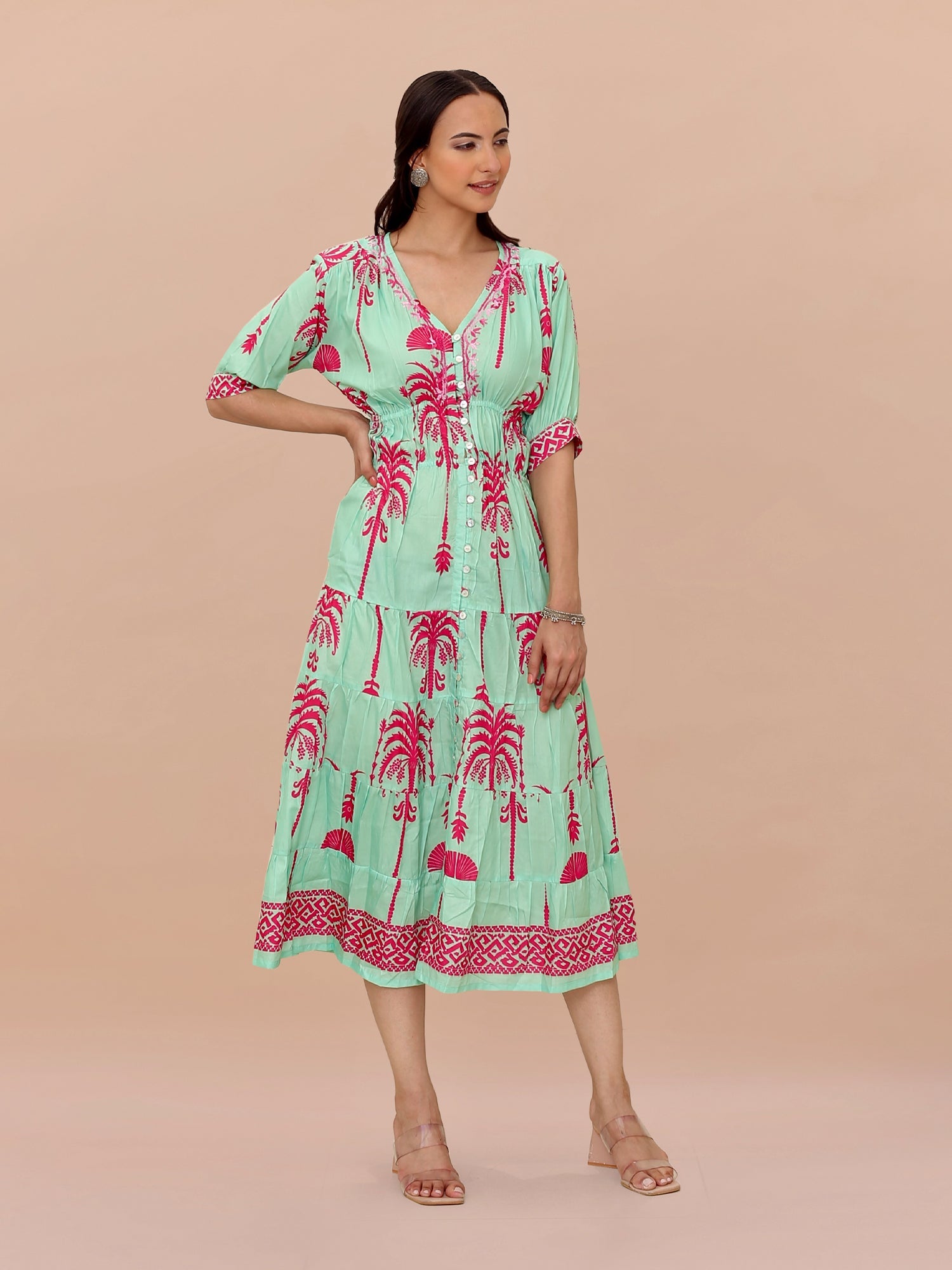 Saba Chikanakri Dress in Printed Poly Muslin - Tourquise blue