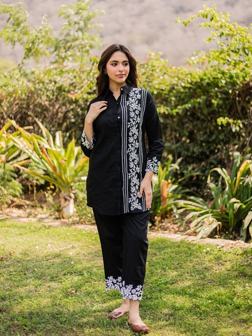 Saba Chikankari Co-ord Set in Cotton Cambric - Black With White