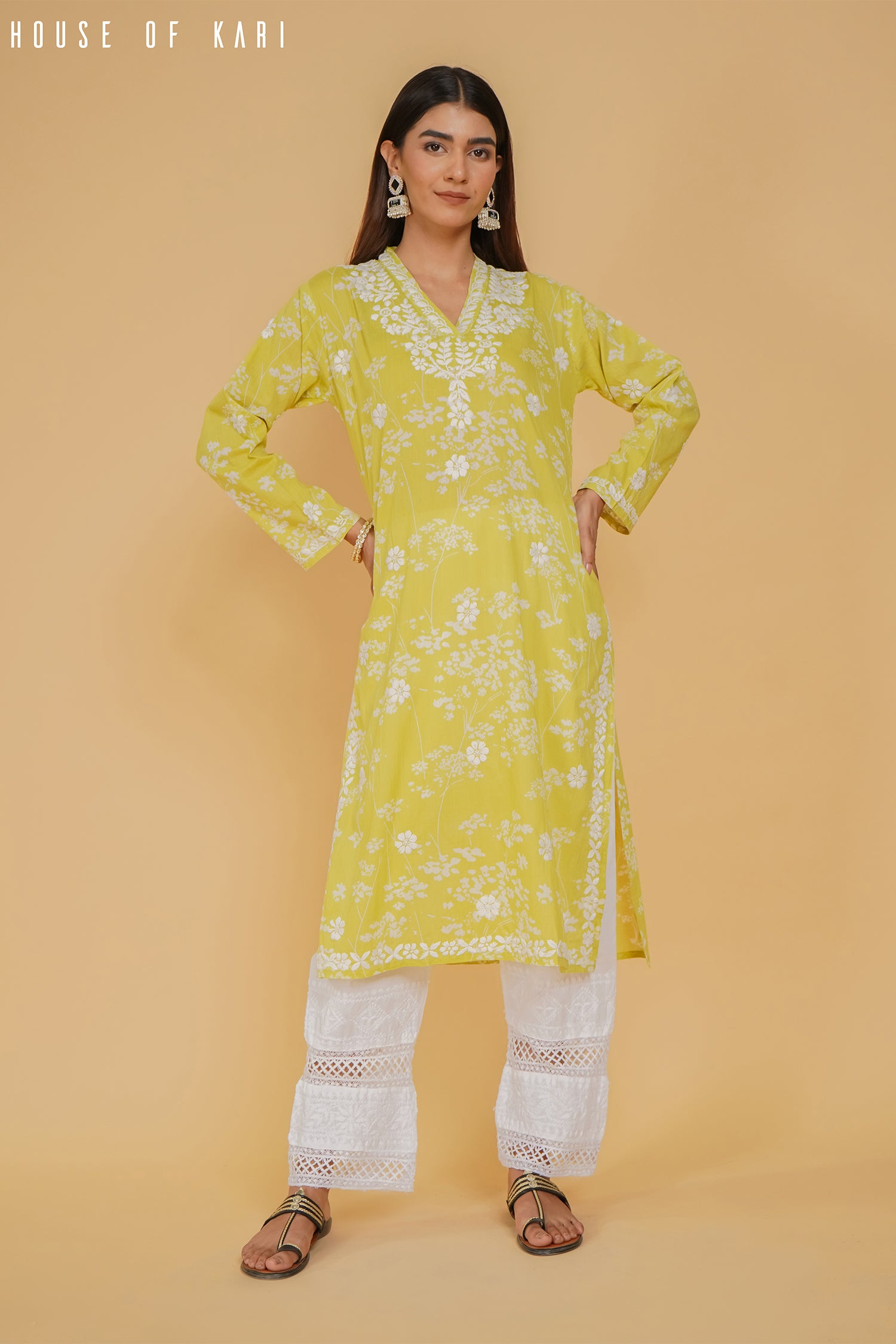 Mul Cotton Chikankari Long Kurta in Green
