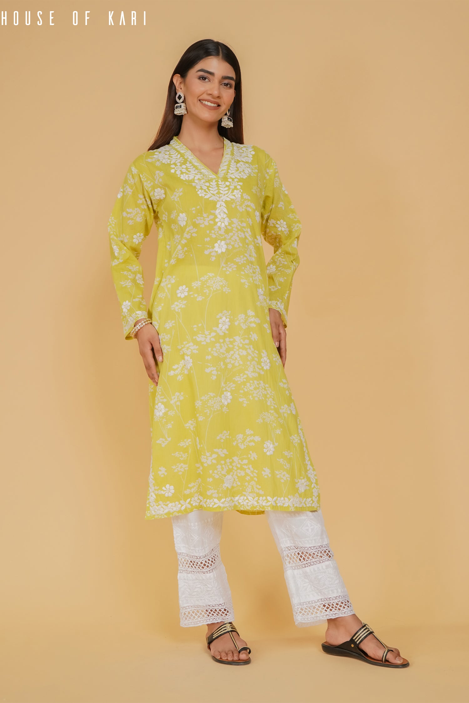 Mul Cotton Chikankari Long Kurta in Green