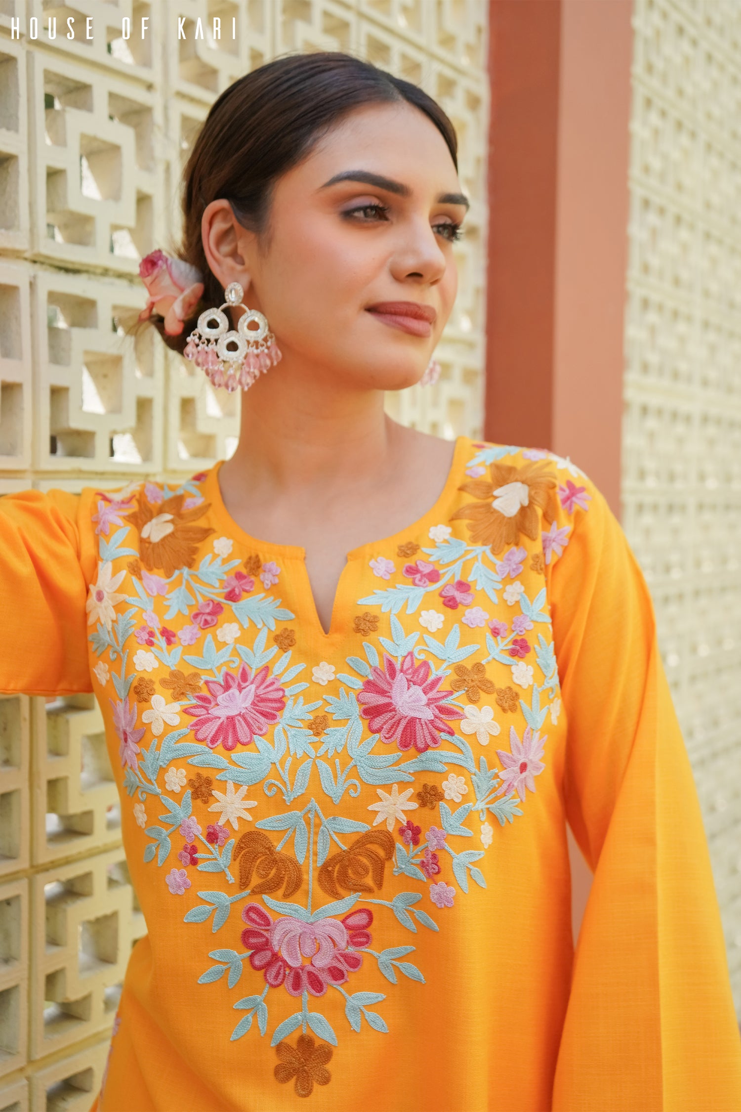 Kashmiri Aari Work Cotton Short Kurta – Mustard