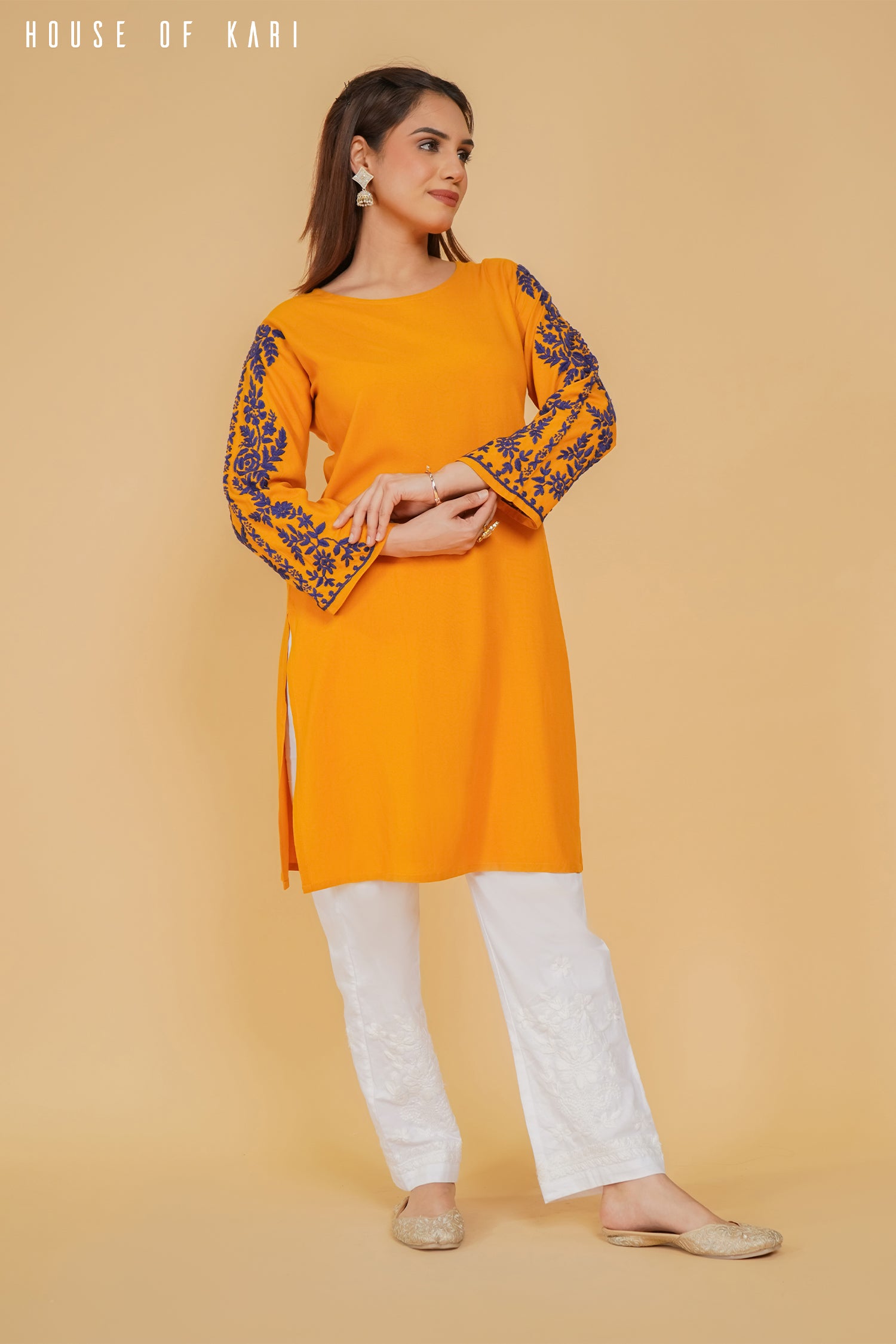Rayon Chikankari Medium Kurta in Mustard
