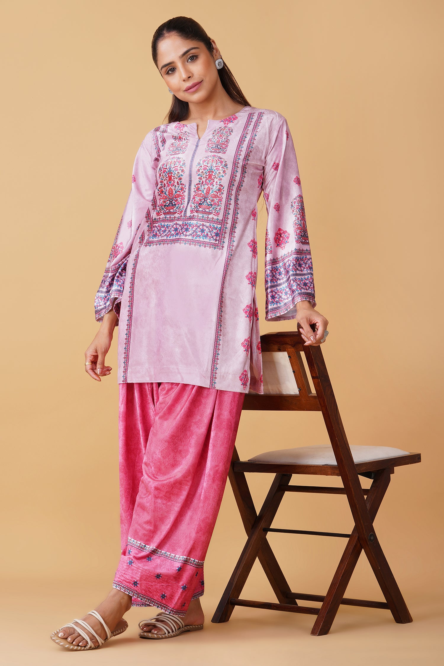 Velvet Printkari Coord Set with Farsi Bottoms – Rose Pink