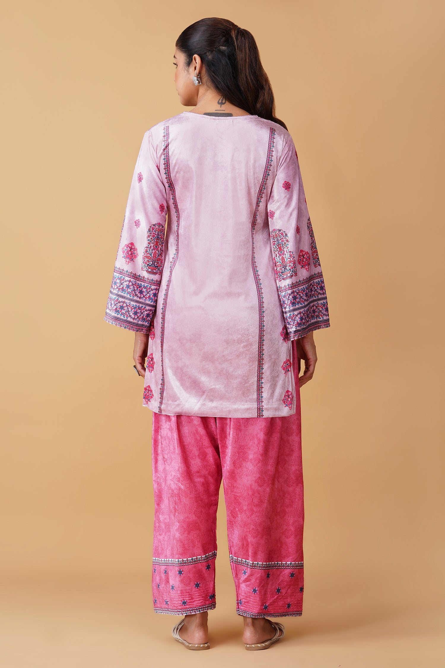 Velvet Printkari Coord Set with Farsi Bottoms – Rose Pink