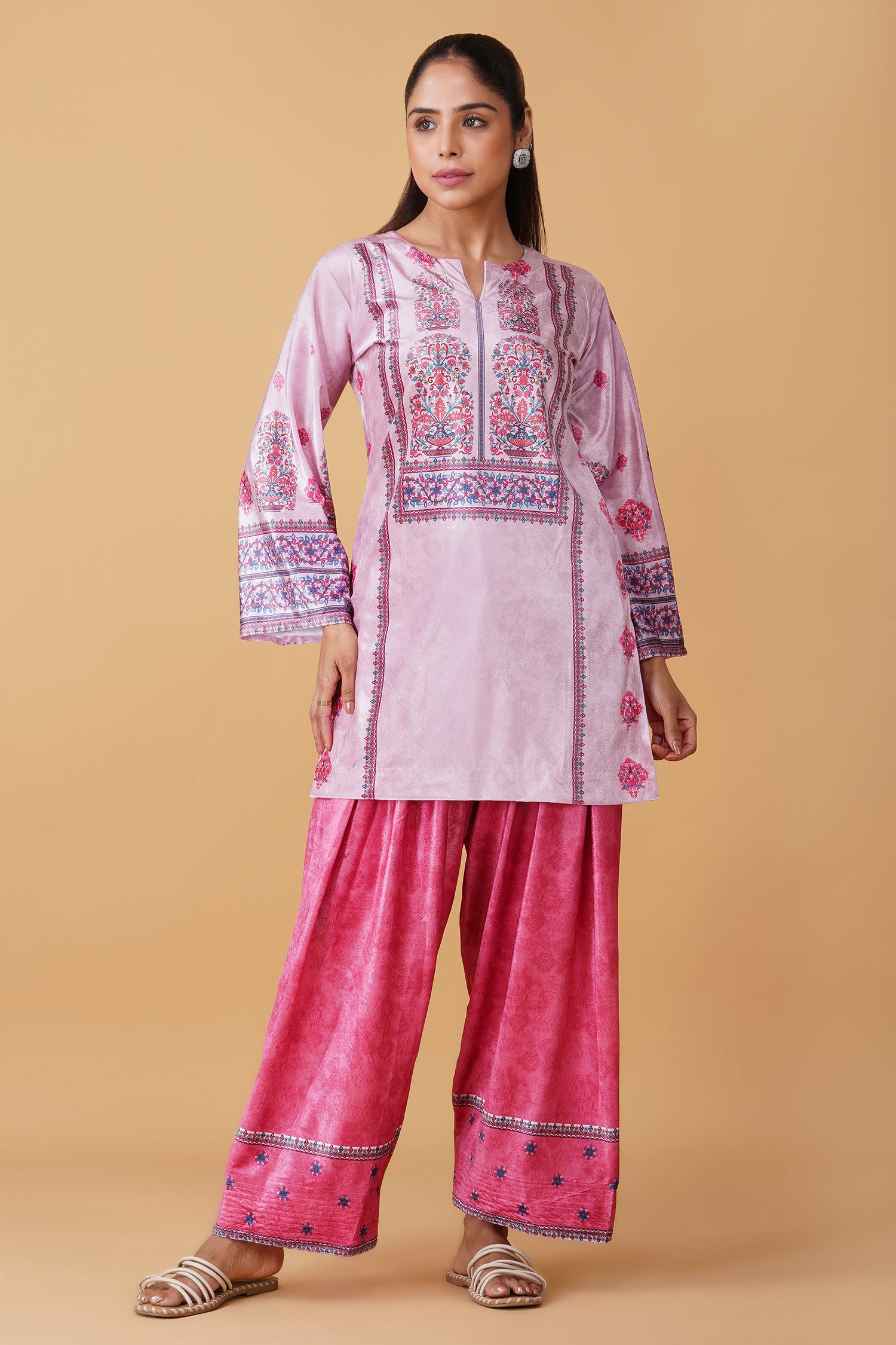 Velvet Printkari Coord Set with Farsi Bottoms – Rose Pink