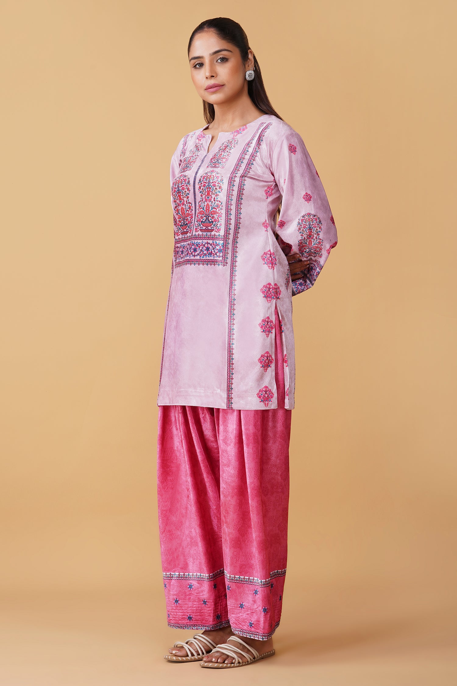 Velvet Printkari Coord Set with Farsi Bottoms – Rose Pink