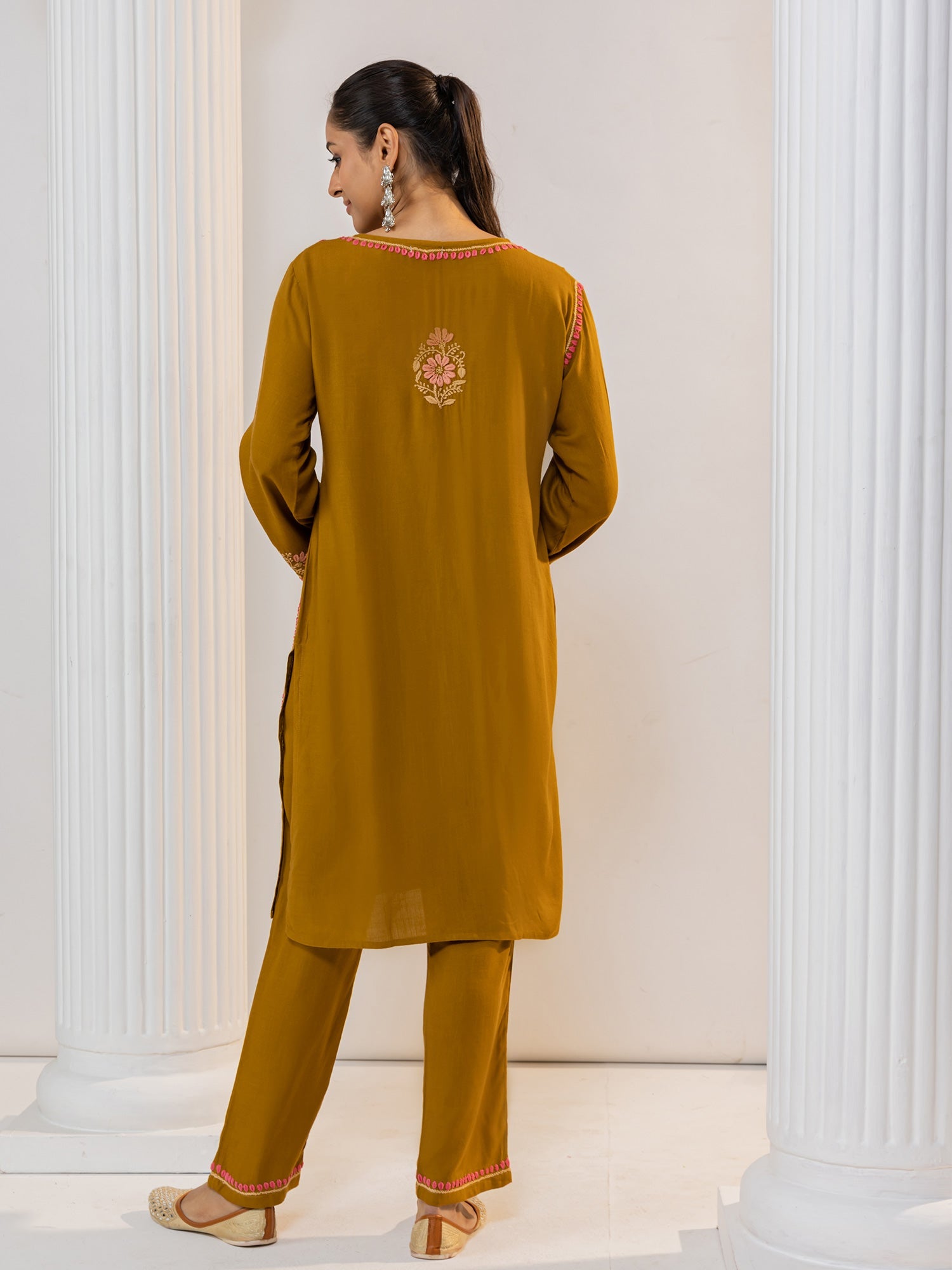 Saba Chikankari Notch Neck Cotton Silk Kurta Set for Women - Mustard
