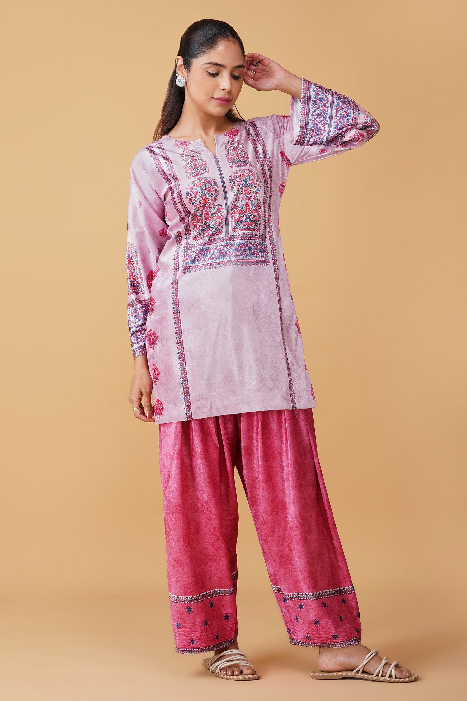Velvet Printkari Coord Set with Farsi Bottoms – Rose Pink