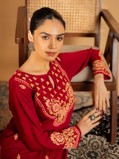 Saba Chikankari Cotton Silk Kurta Set for Women - Maroon