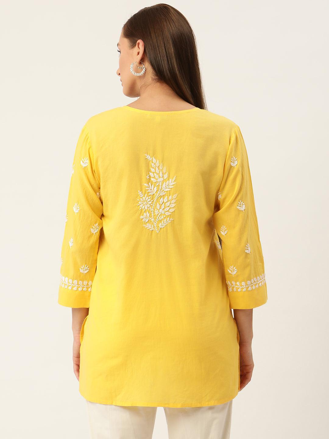 Hand Embroidery Chikankari Tunic for Women - Yellow - House Of Kari (Chikankari Clothing)