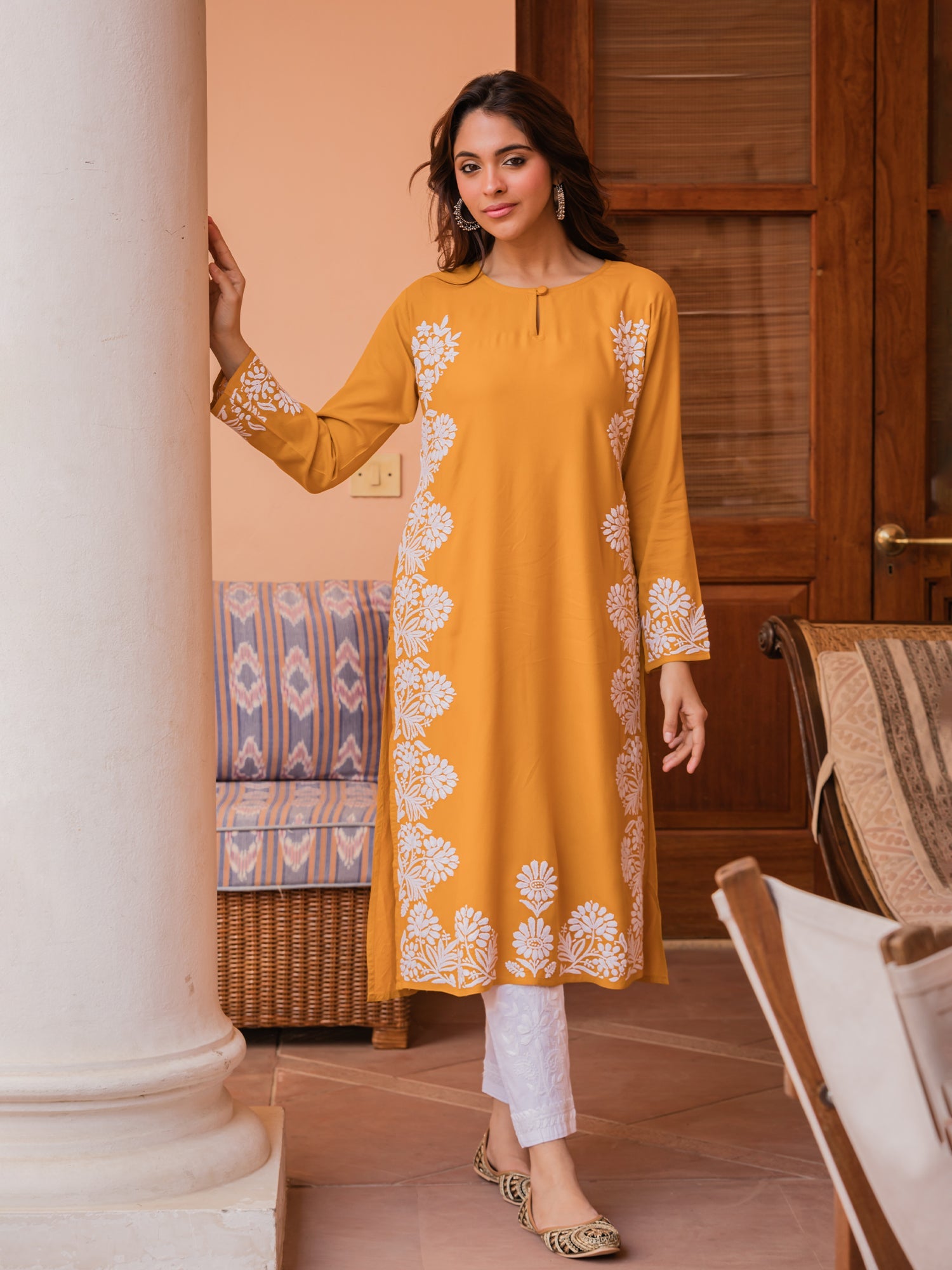 Saba Chikankari Long Kurta in Rayon cotton - Mustard
