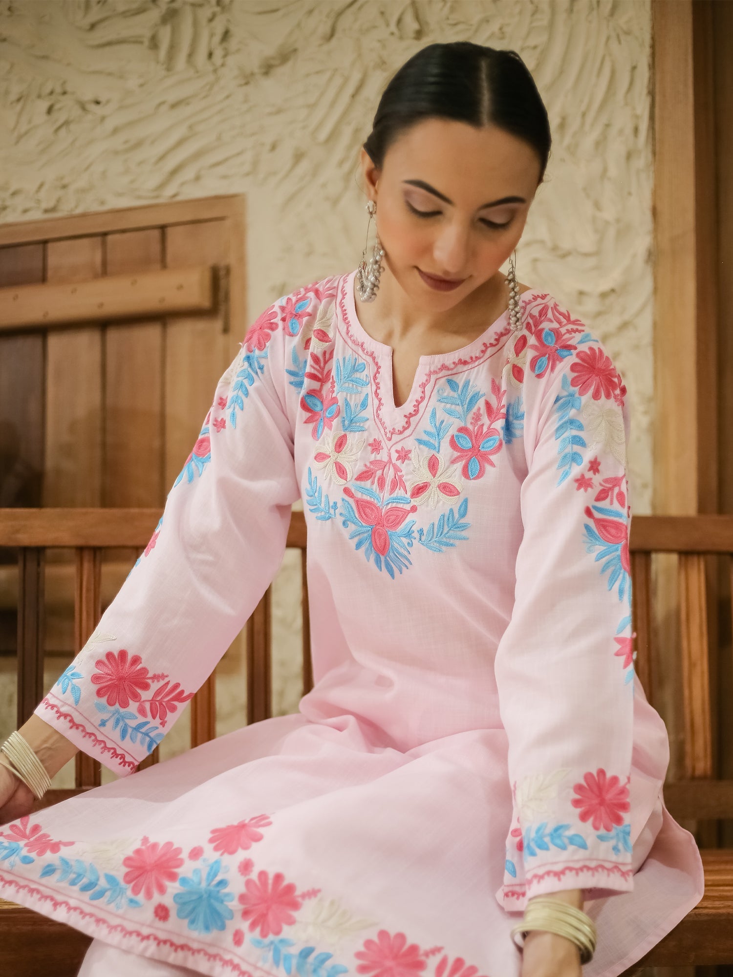 Falak Kashmiri Long Kurta Set - Baby Pink