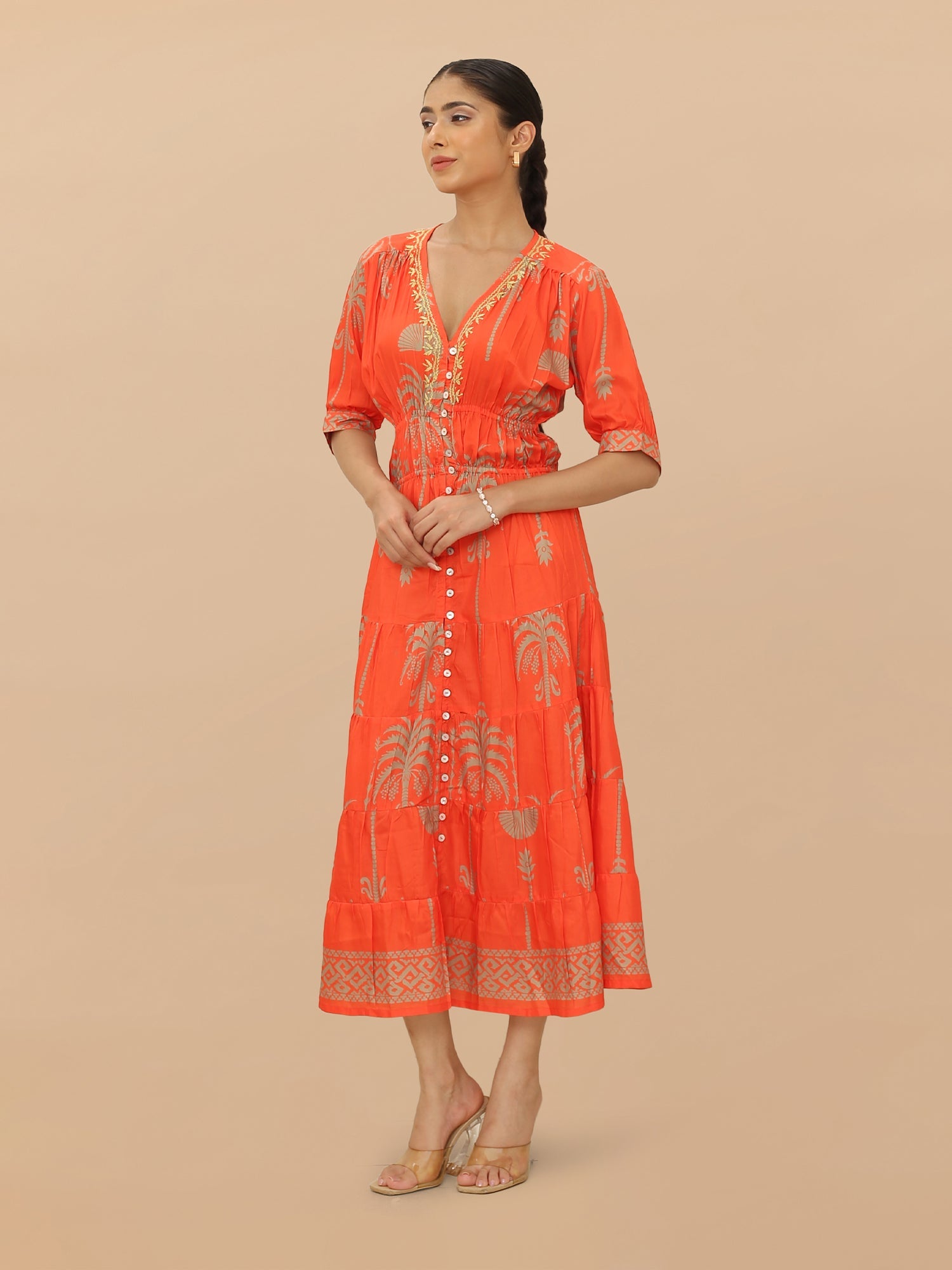 Saba Chikanakri Dress in Printed Poly Muslin - Orange