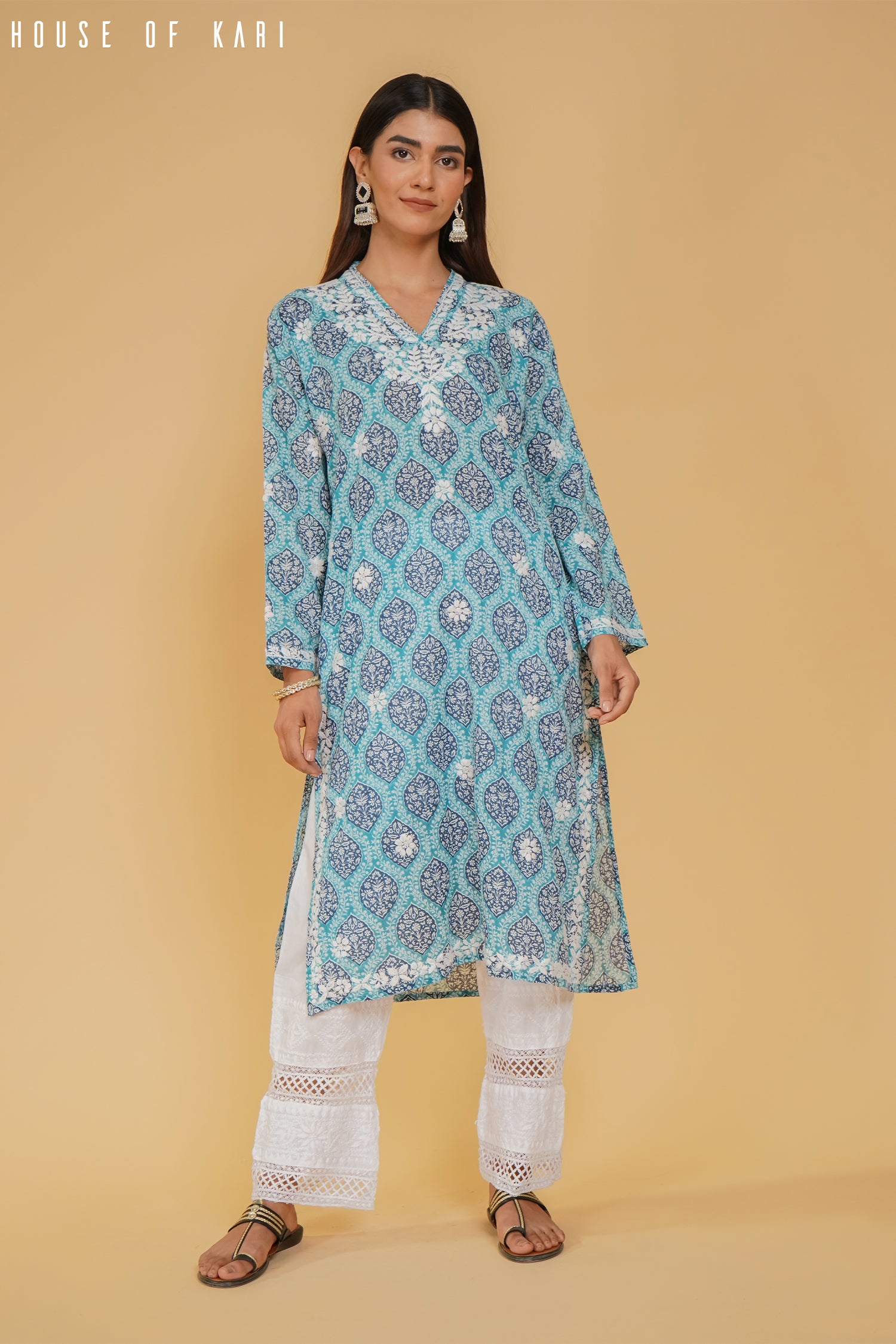 Mul Cotton Chikankari Long Kurta in Blue