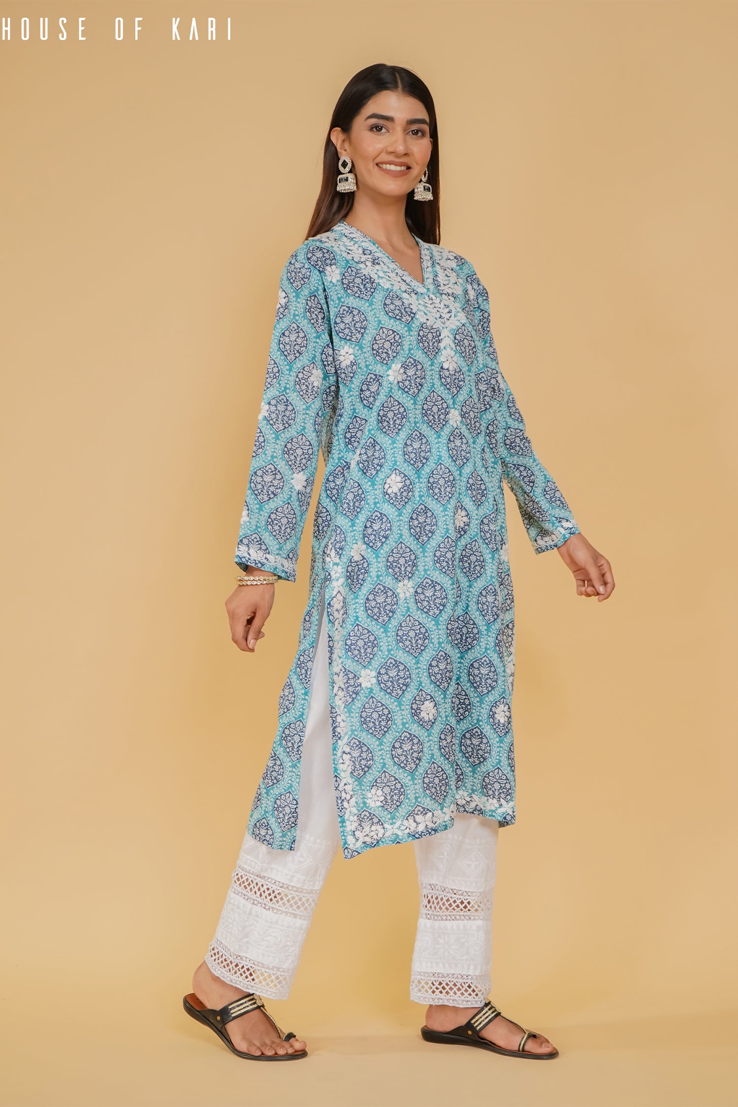 Mul Cotton Chikankari Long Kurta in Blue