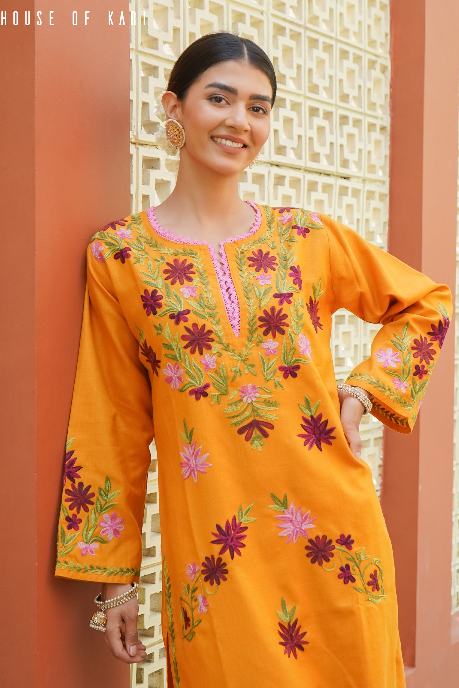 Kashirmir Aari Work Long Kurta - Mustard