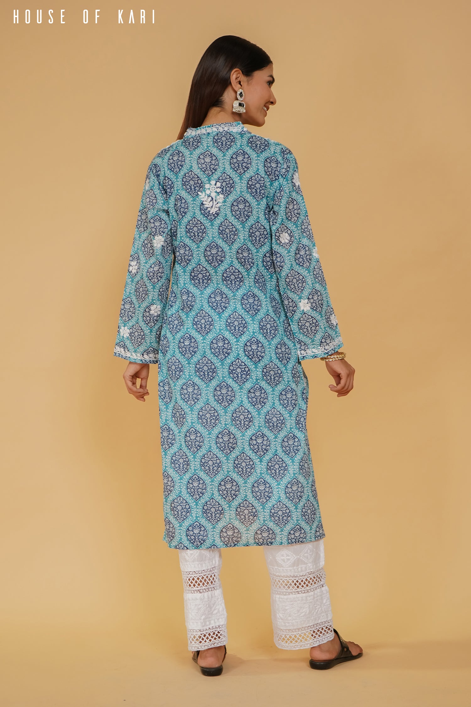 Mul Cotton Chikankari Long Kurta in Blue