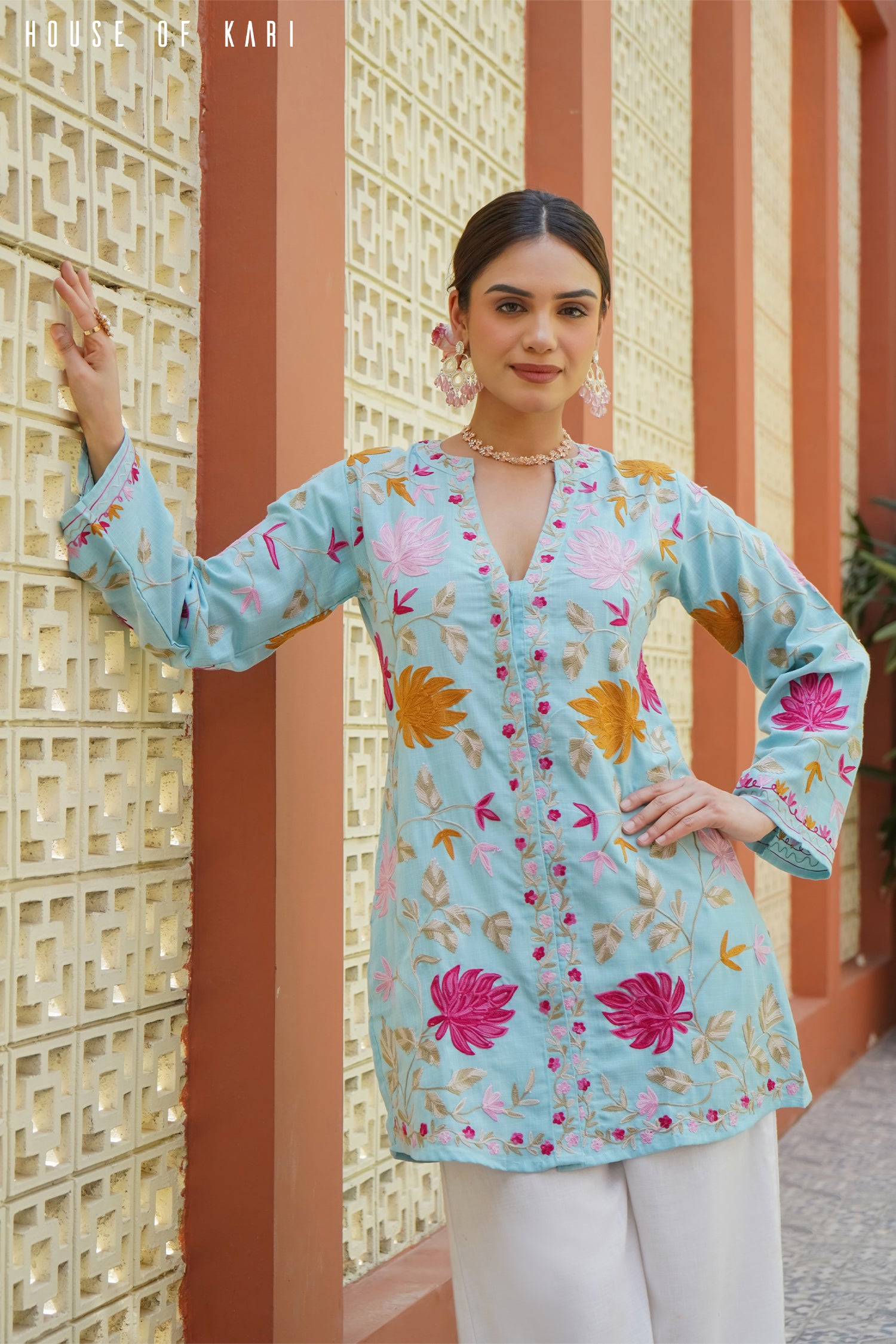 Kashmiri Aari Work Cotton Kurta Jacket – Sky Blue