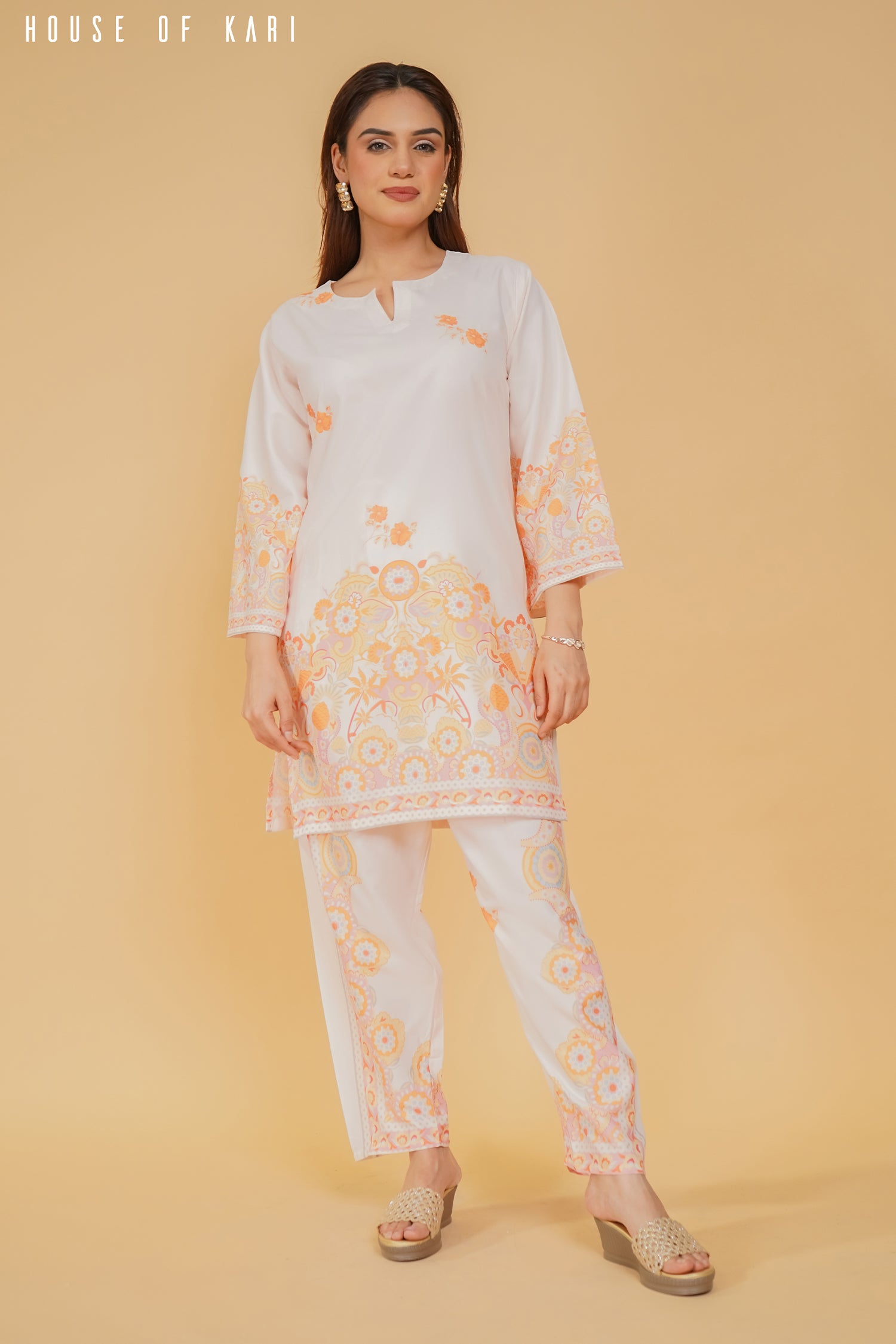 Aditi in Printkari Poly Muslin Co-ord set in Orange