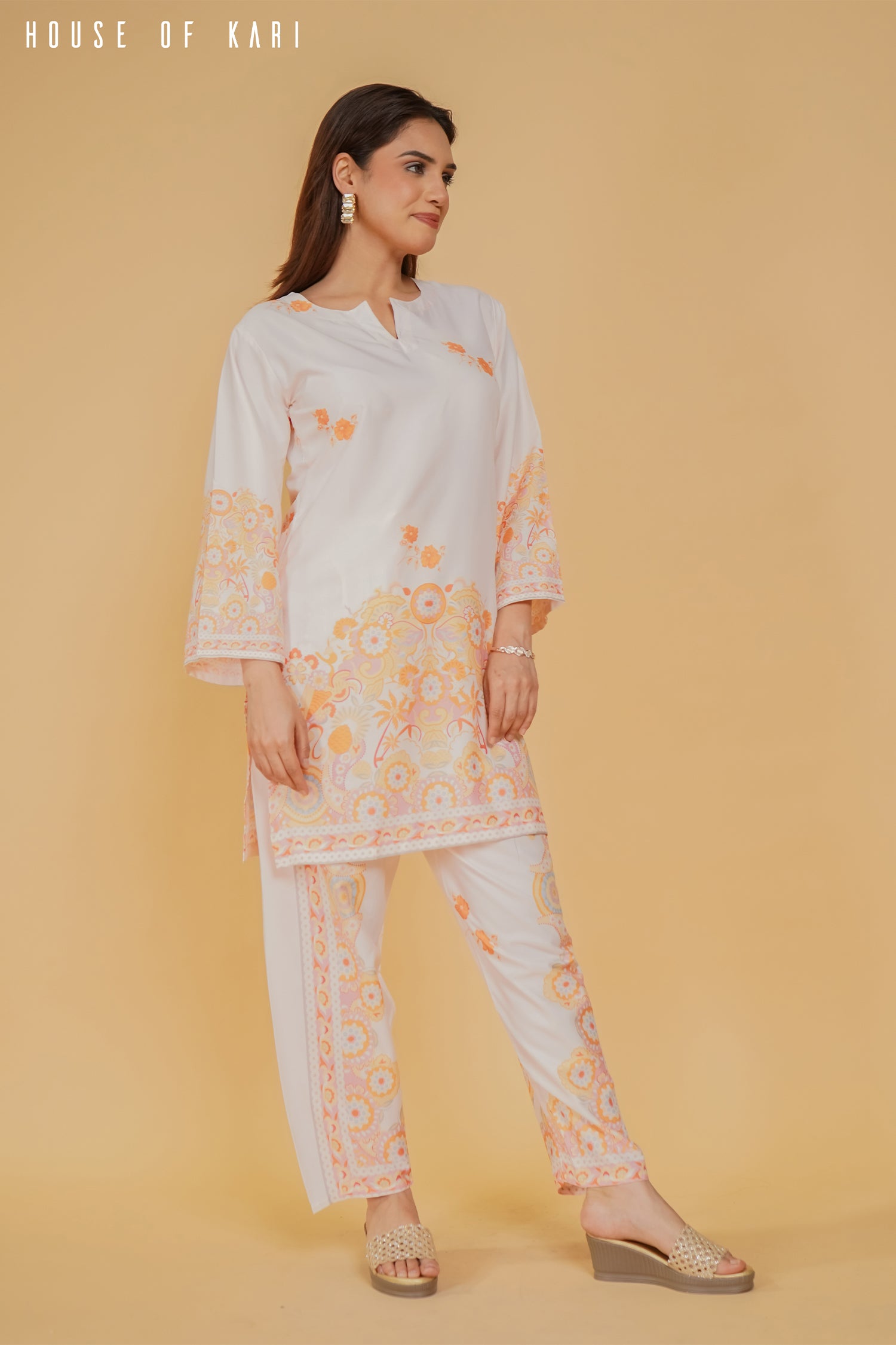 Aditi in Printkari Poly Muslin Co-ord set in Orange