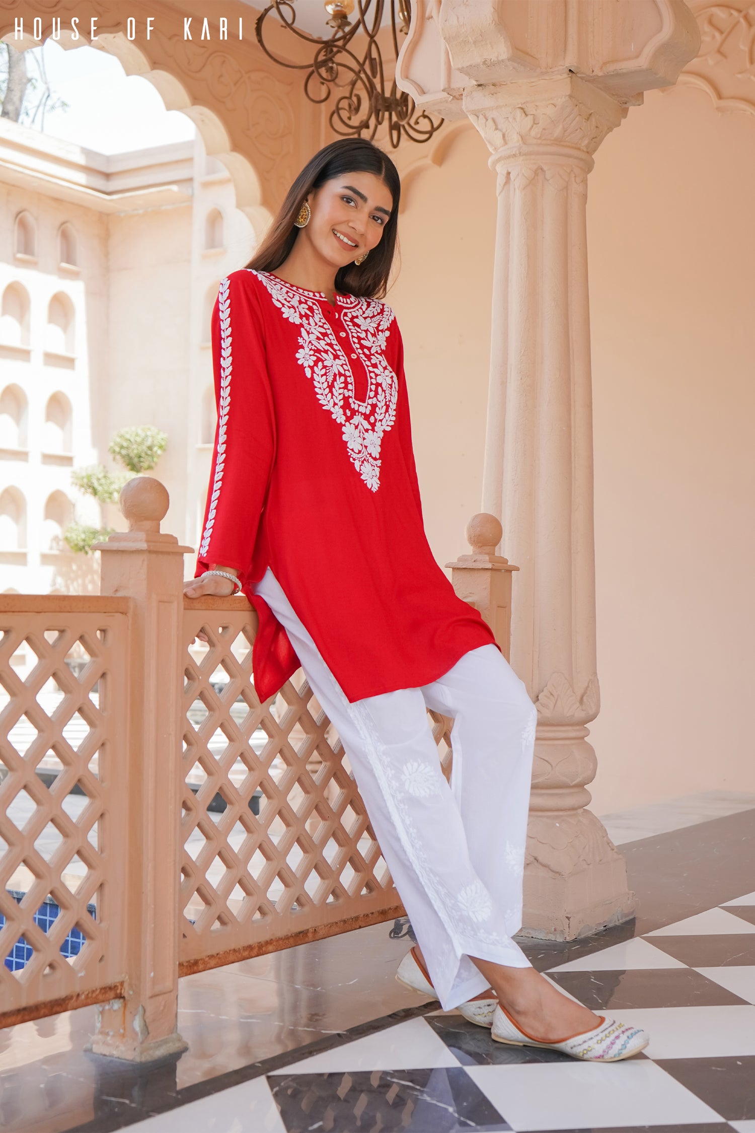 Rayon Chikankari Short Kurta in Red