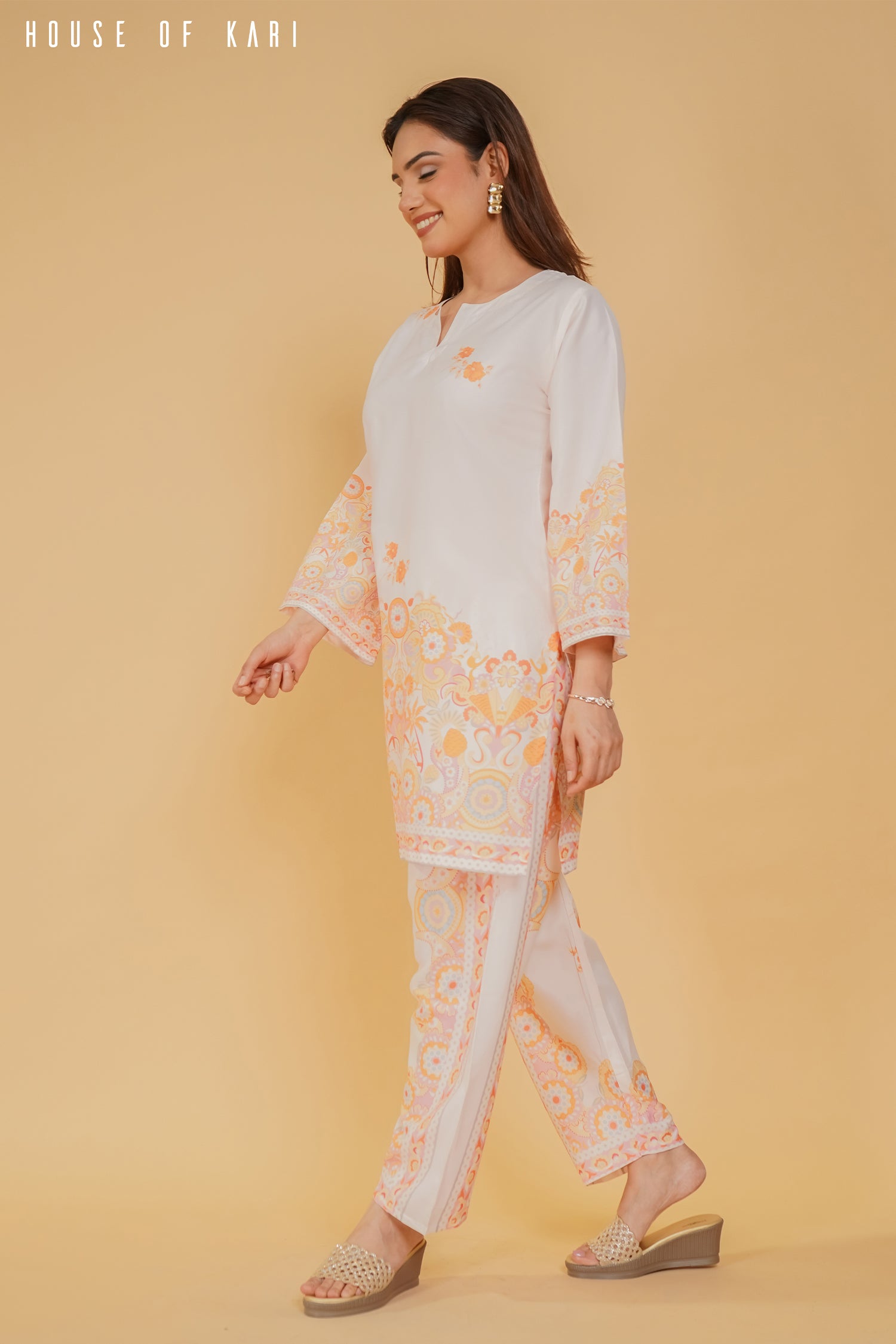 Aditi in Printkari Poly Muslin Co-ord set in Orange