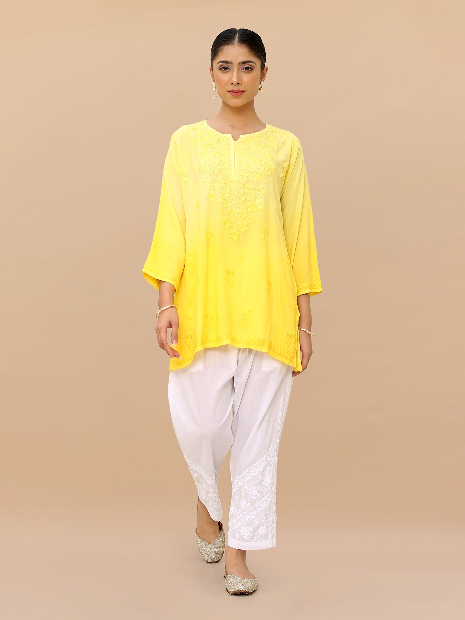 Saba Chikankari Short Kurta in Rayon cotton - Yellow