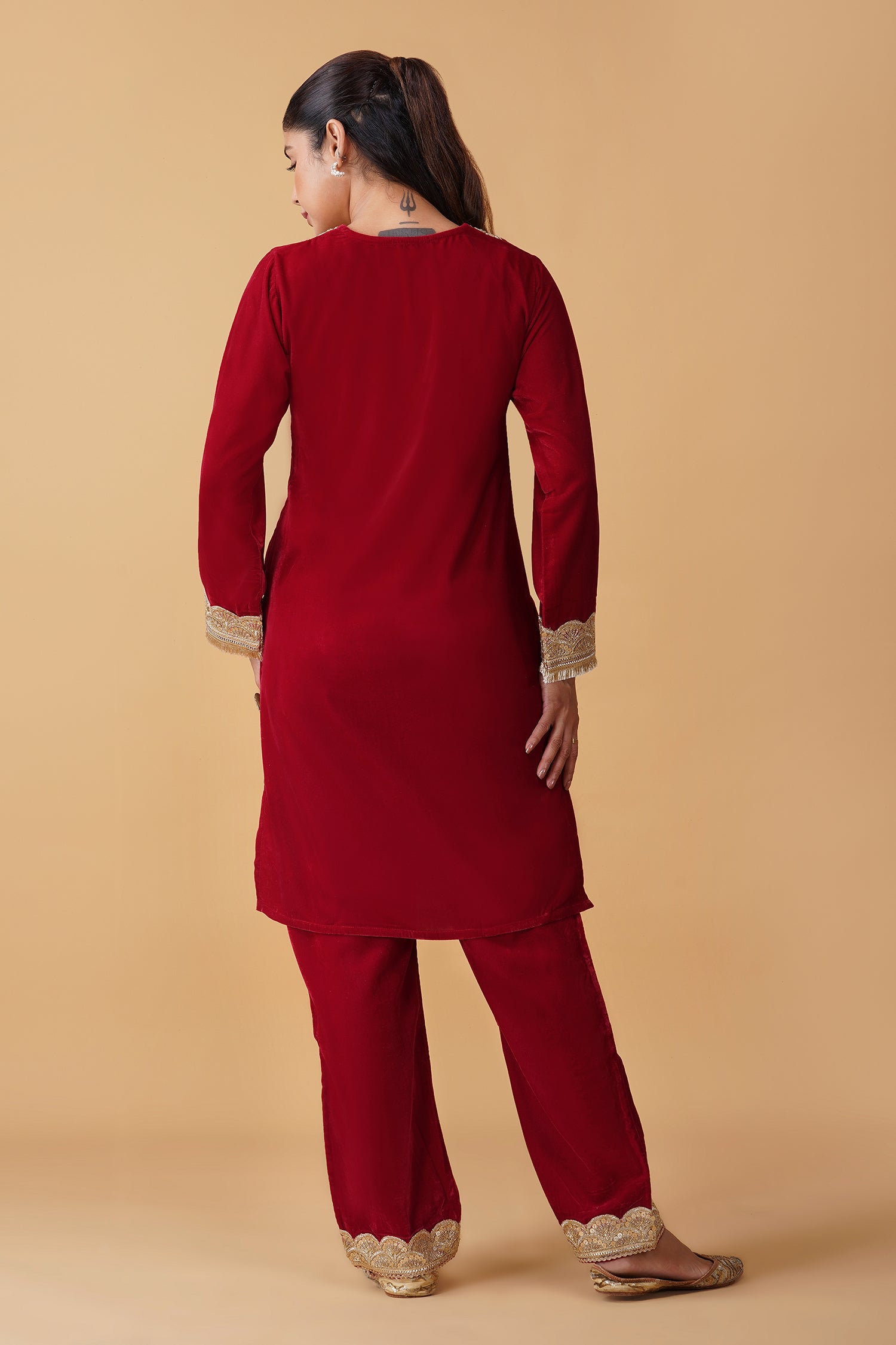 Velvet Kurta Set with Gold Zari Lace Work - Red