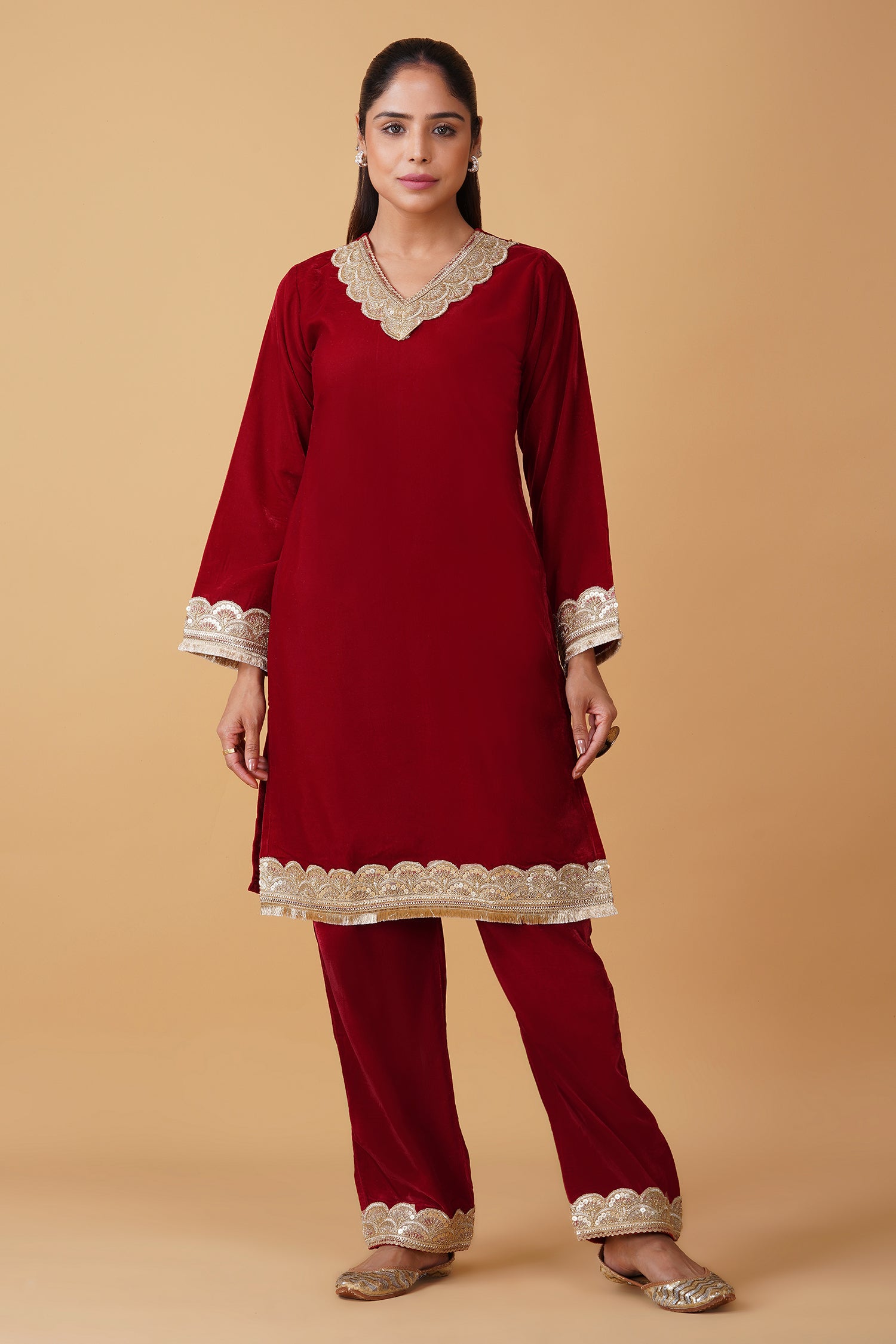 Velvet Kurta Set with Gold Zari Lace Work - Red