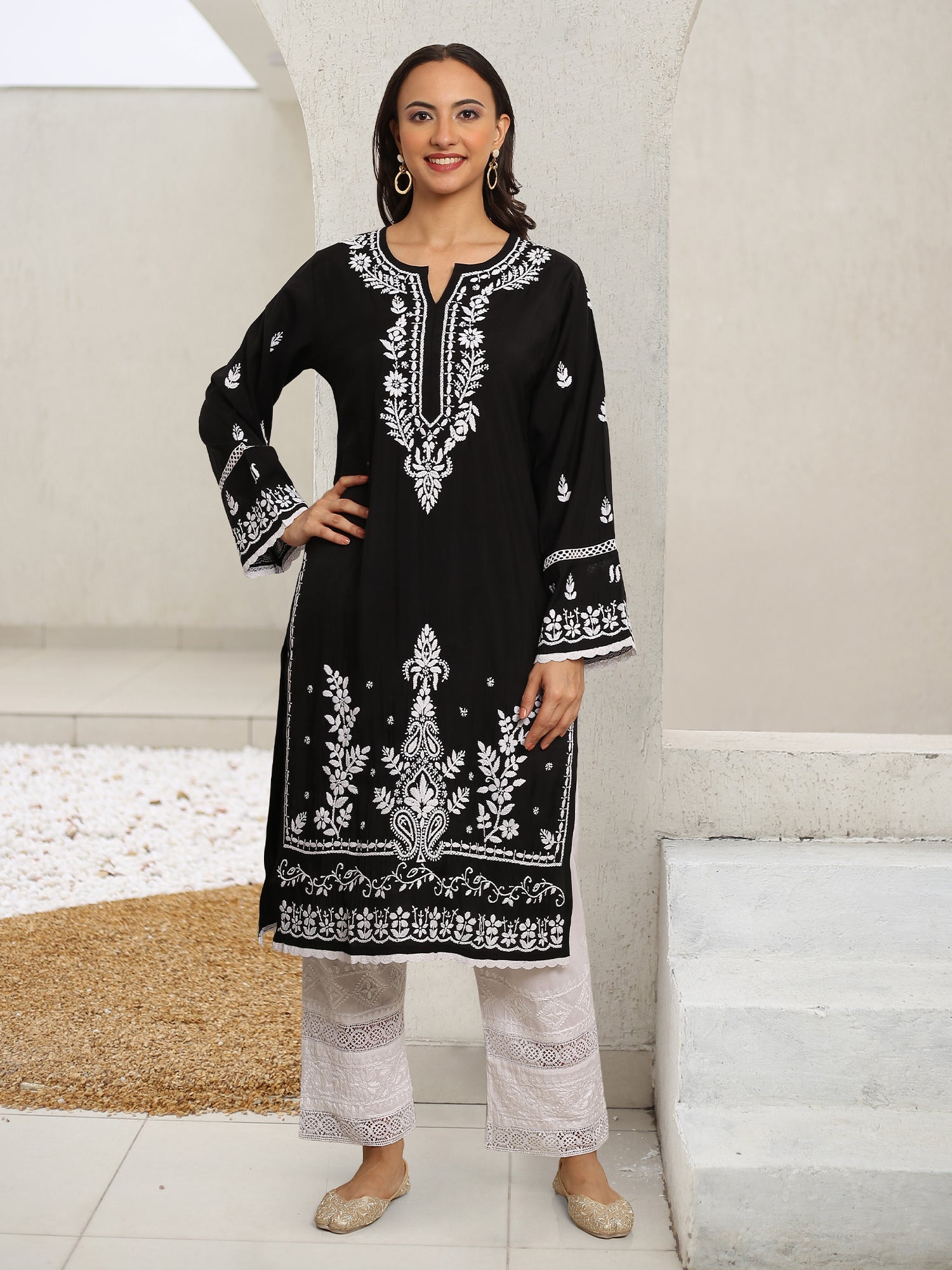 Saba Chikankari Long kurta in Modal Silk - Black