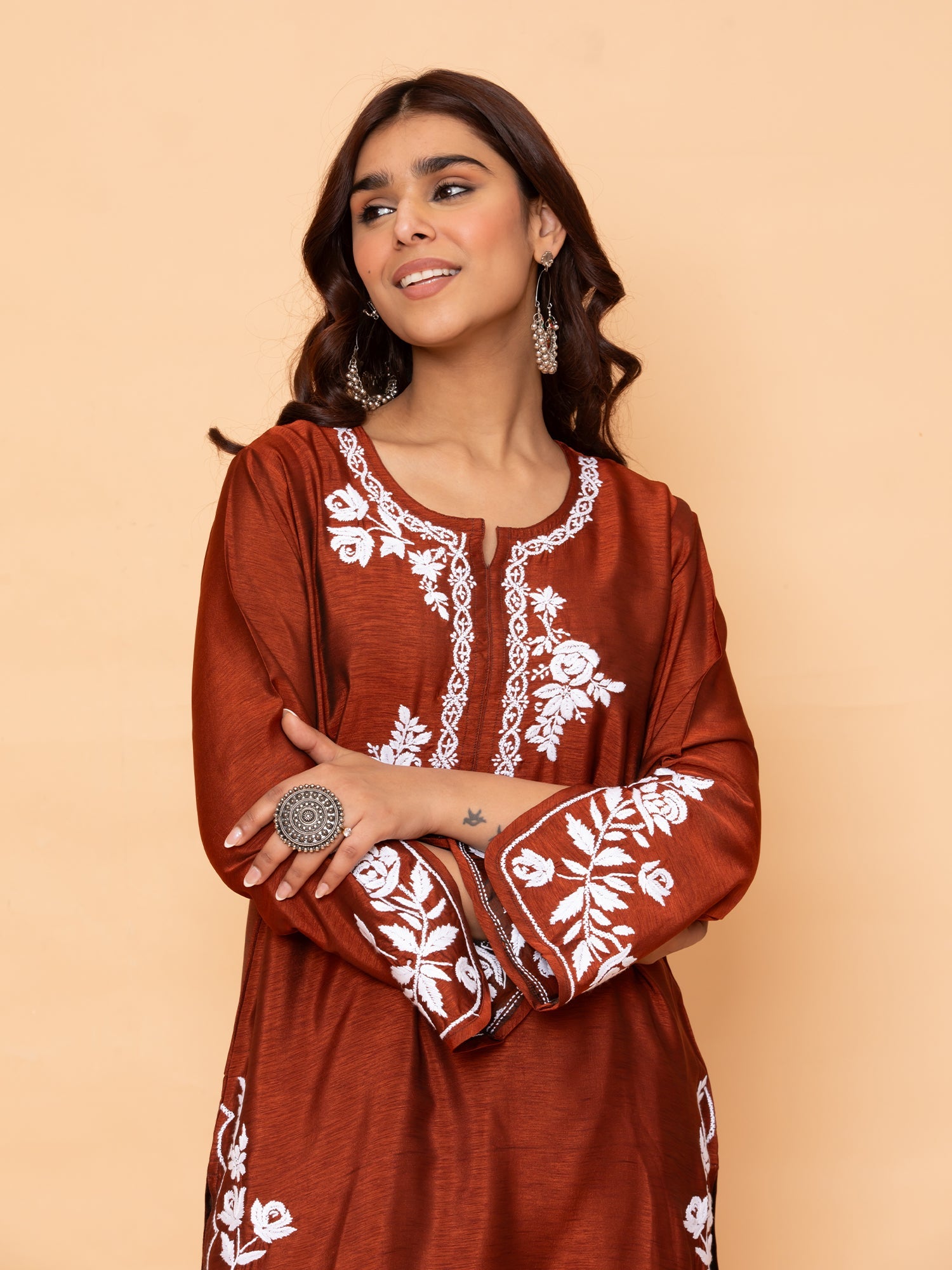 Saba Chikankari Long Kurta in Barfi Silk - Chutney