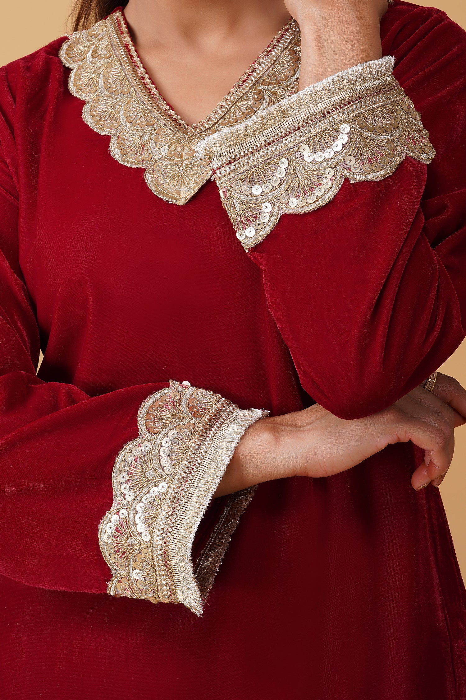 Velvet Kurta Set with Gold Zari Lace Work - Red