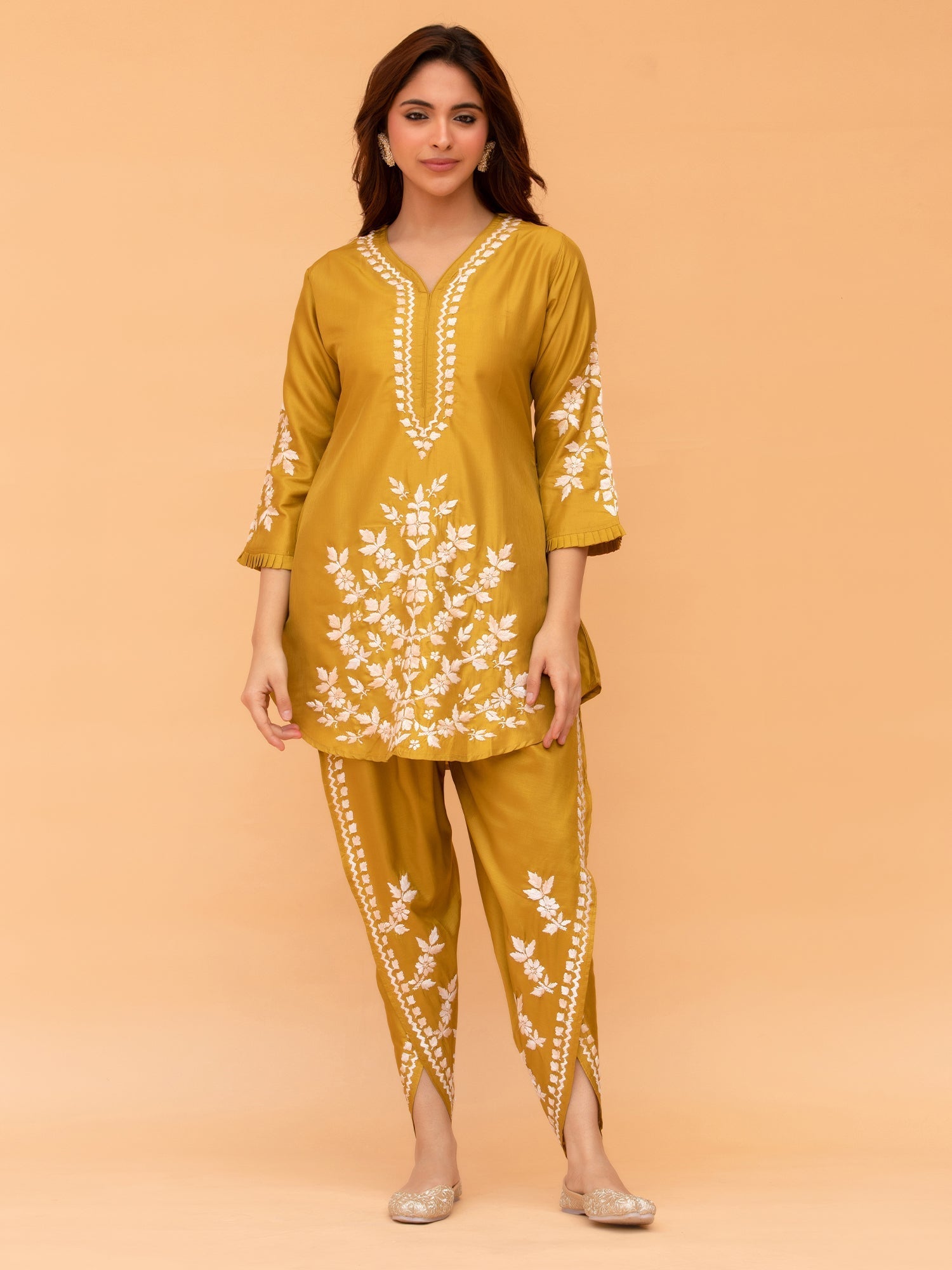 Sneha in Saba Chikankari Kurta Set in Habutai Silk - Mustard