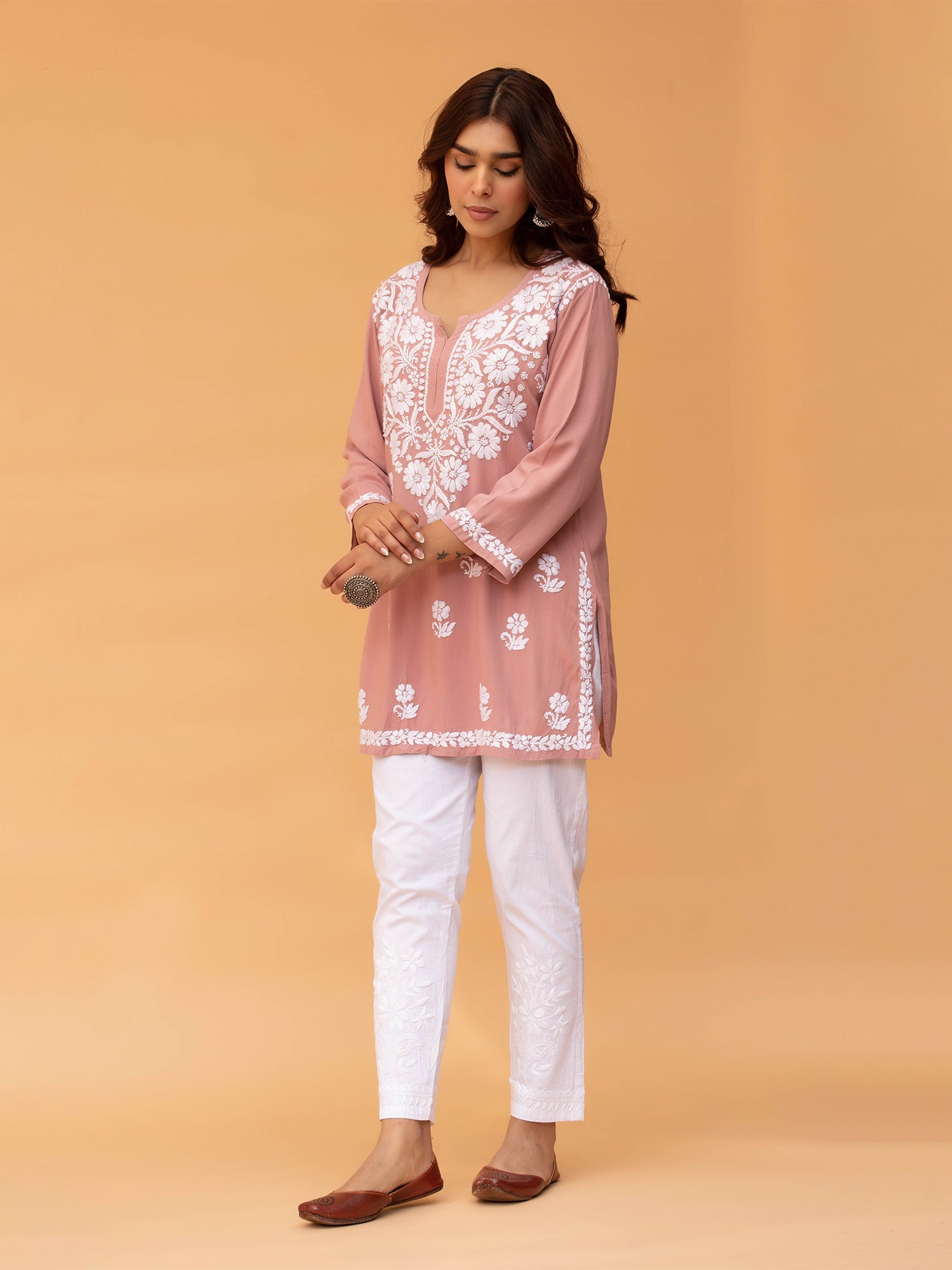 Saba Chikankari Short Kurta in Rayon cotton - Peach
