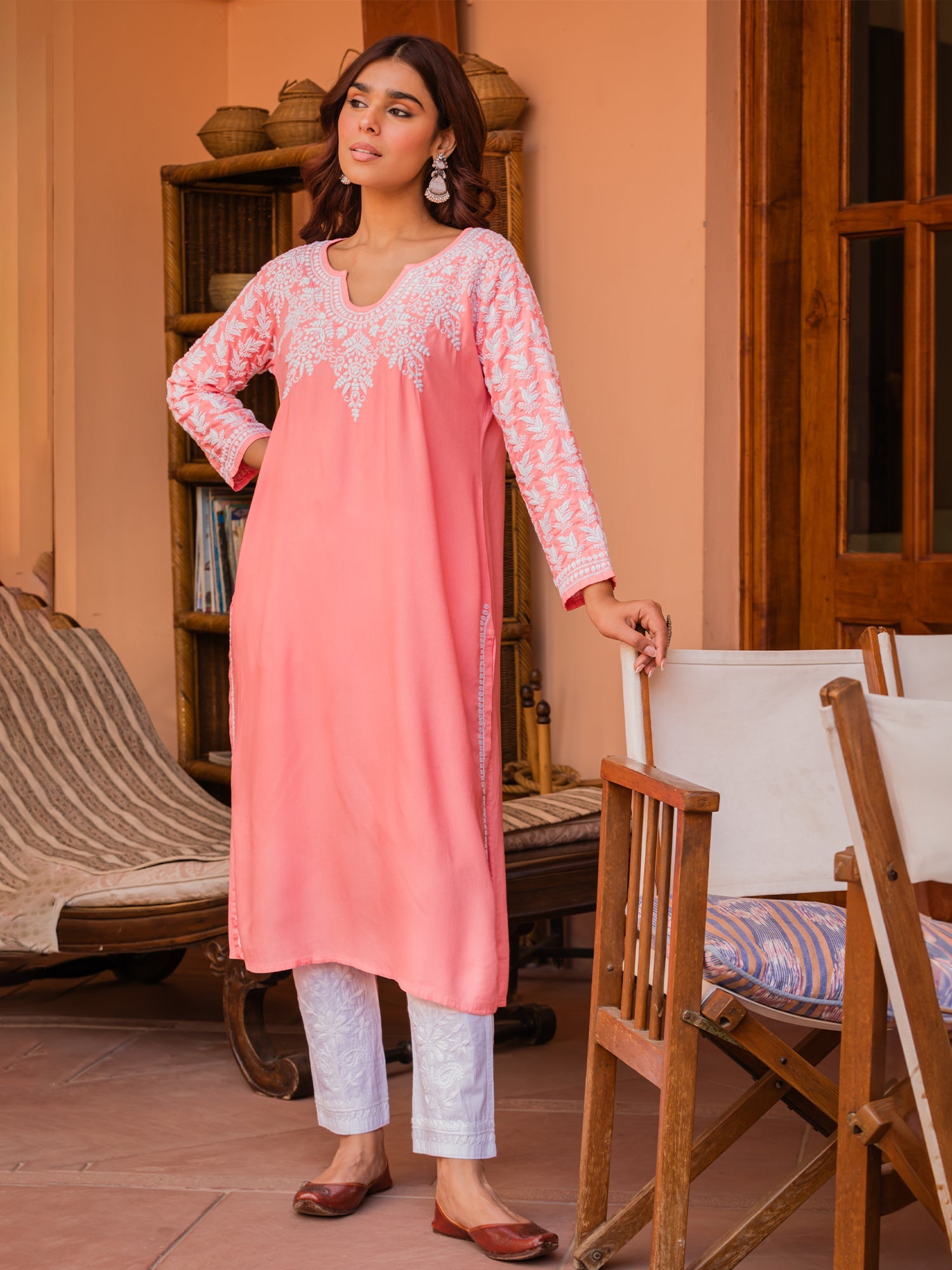 Saba Chikankari Long Kurta in Rayon cotton - Pink