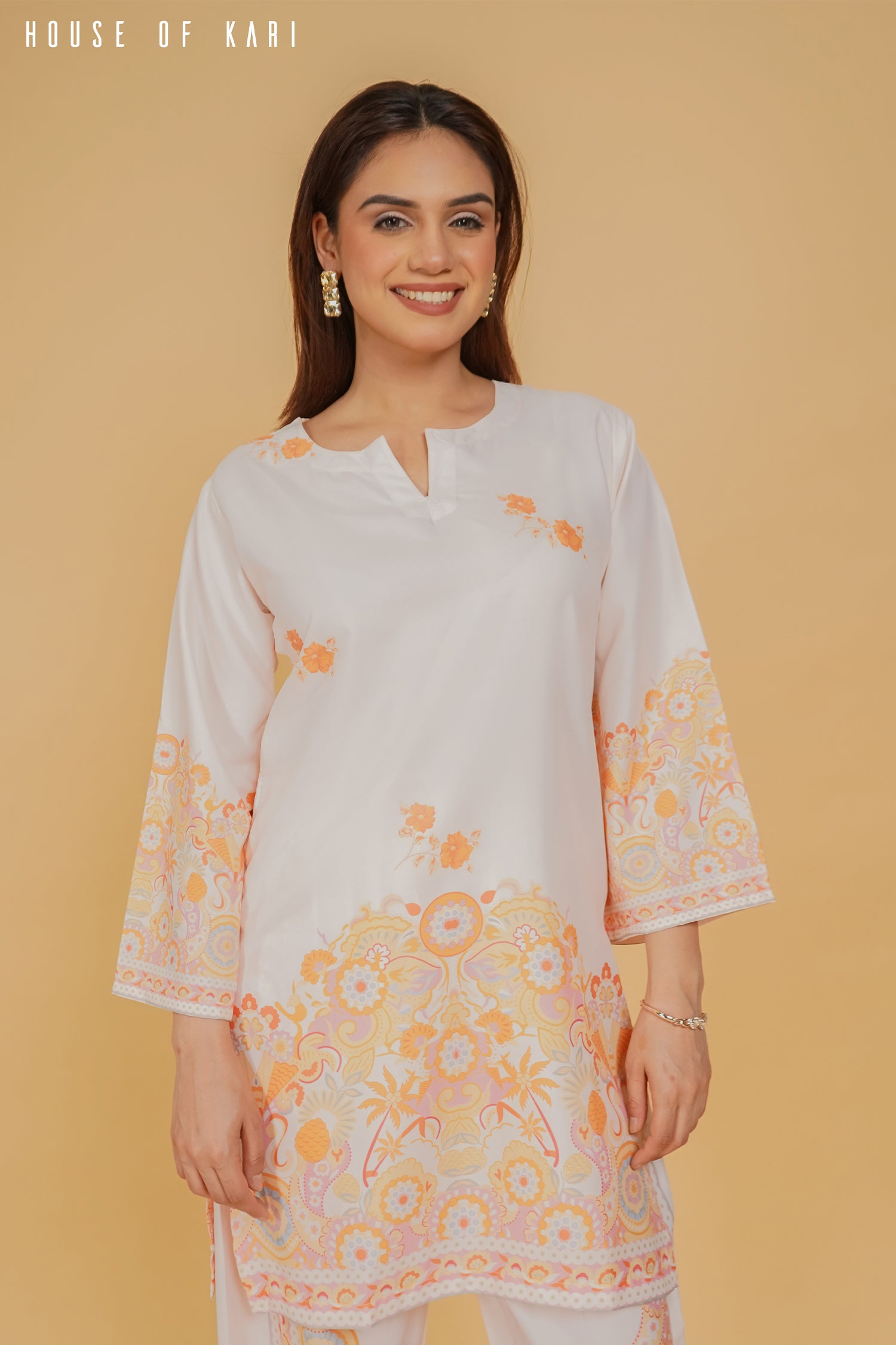 Aditi in Printkari Poly Muslin Co-ord set in Orange