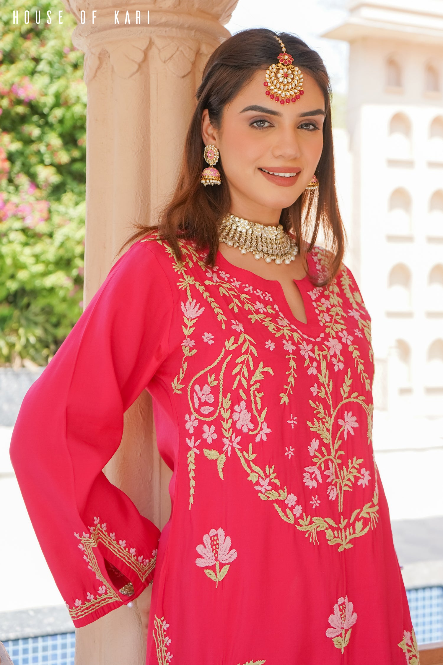 Chikankari Kurta Set In Muslin - Pink