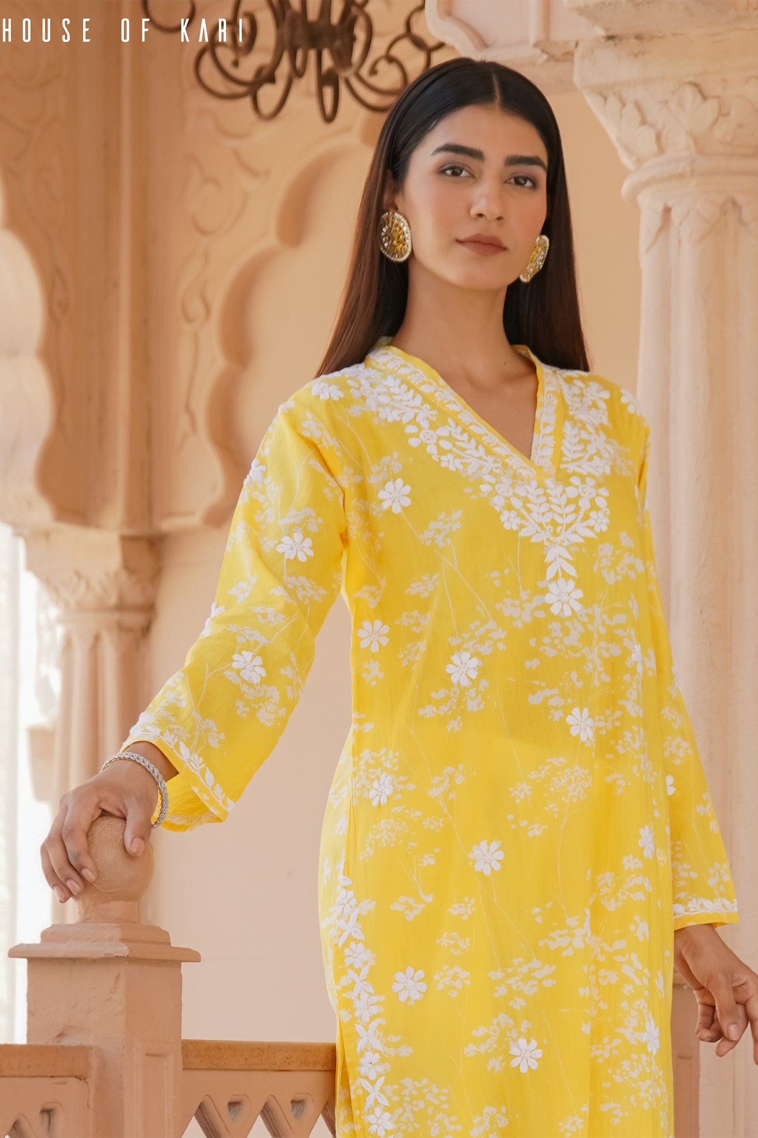 Mul Cotton Chikankari Long Kurta in Yellow