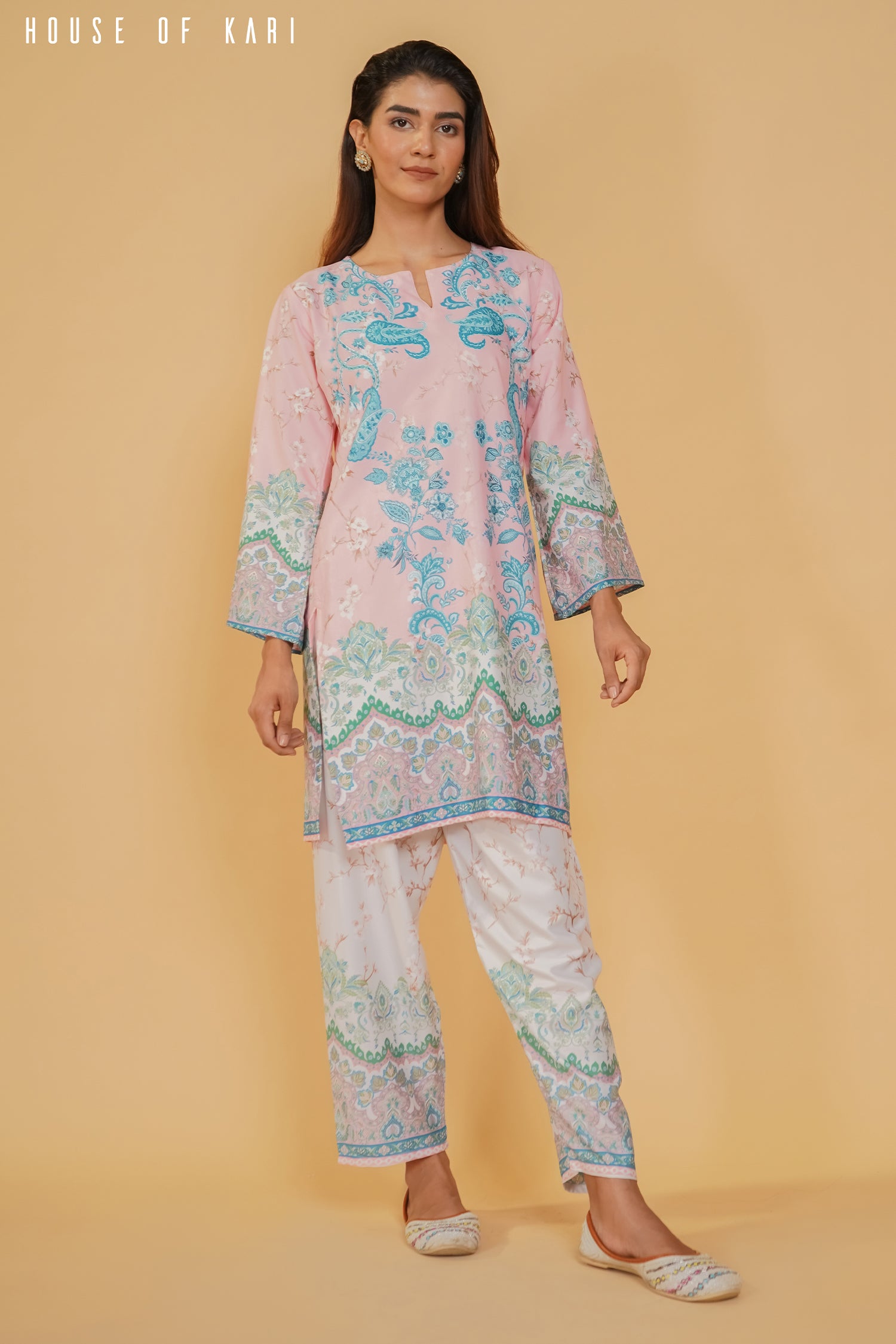 Nriti in Printkari Poly Muslin Co-ord set in Pink & Sky Blue